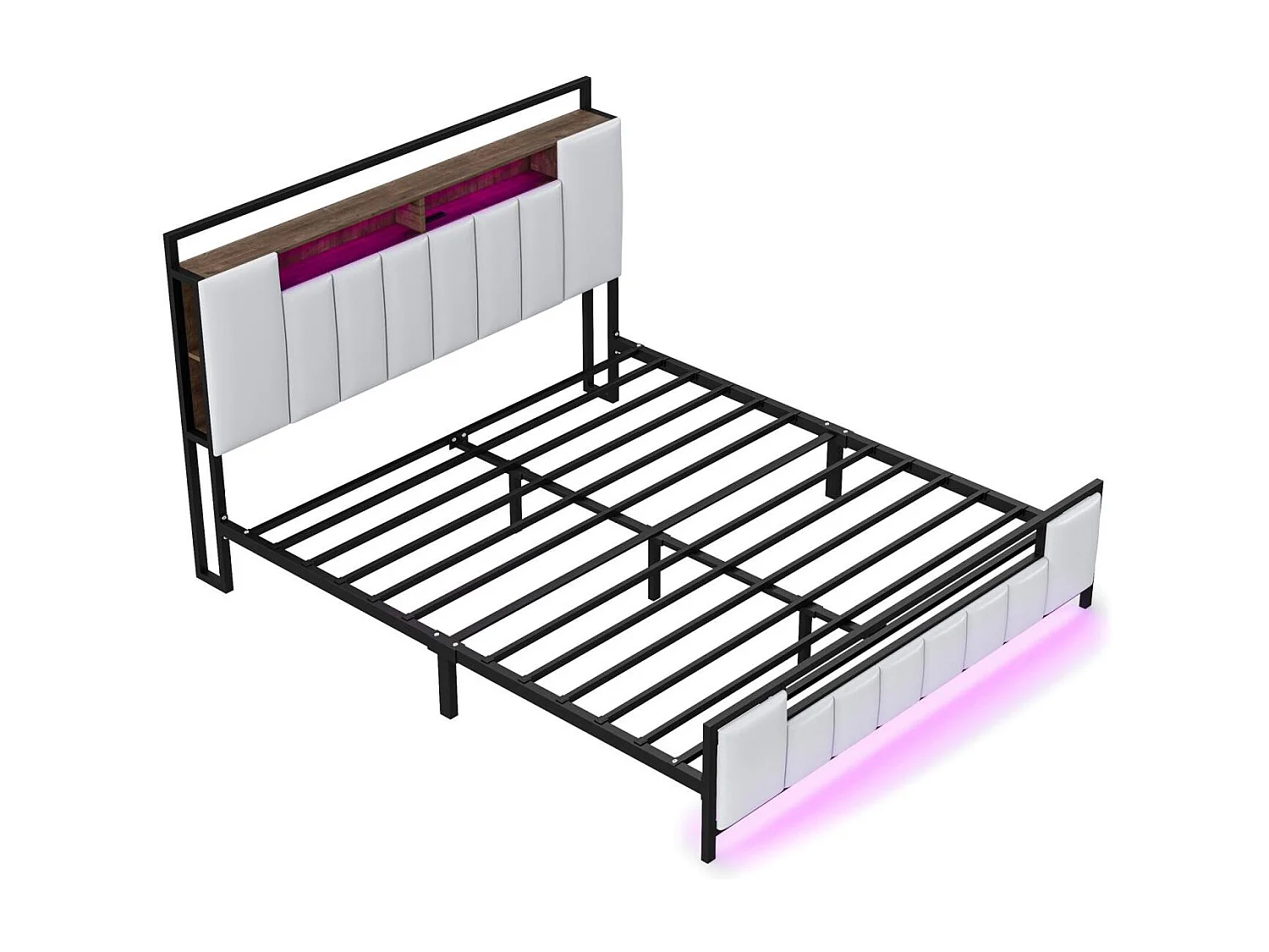 Lit double LED, avec prise USB, sommier à lattes et tête de lit, cadre en fer, simili cuir, blanc, 140x200cm