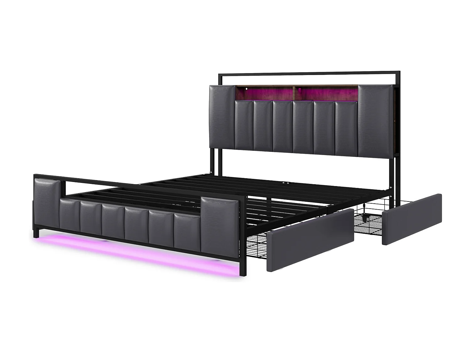Letto matrimoniale capitonné, struttura in ferro con LED, presa USB, 4 cassetti, rete a doghe e testiera contenitore, similpelle, grigio 140x200cm