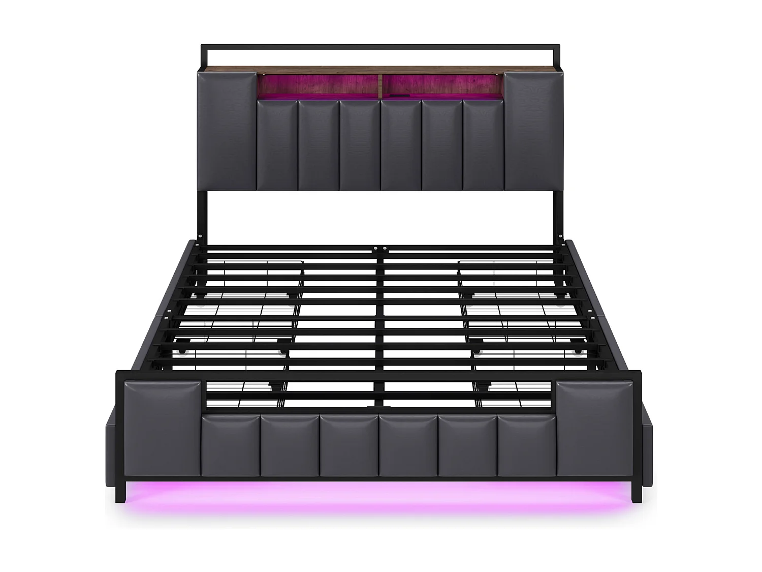 Letto matrimoniale capitonné, struttura in ferro con LED, presa USB, 4 cassetti, rete a doghe e testiera contenitore, similpelle, grigio 140x200cm