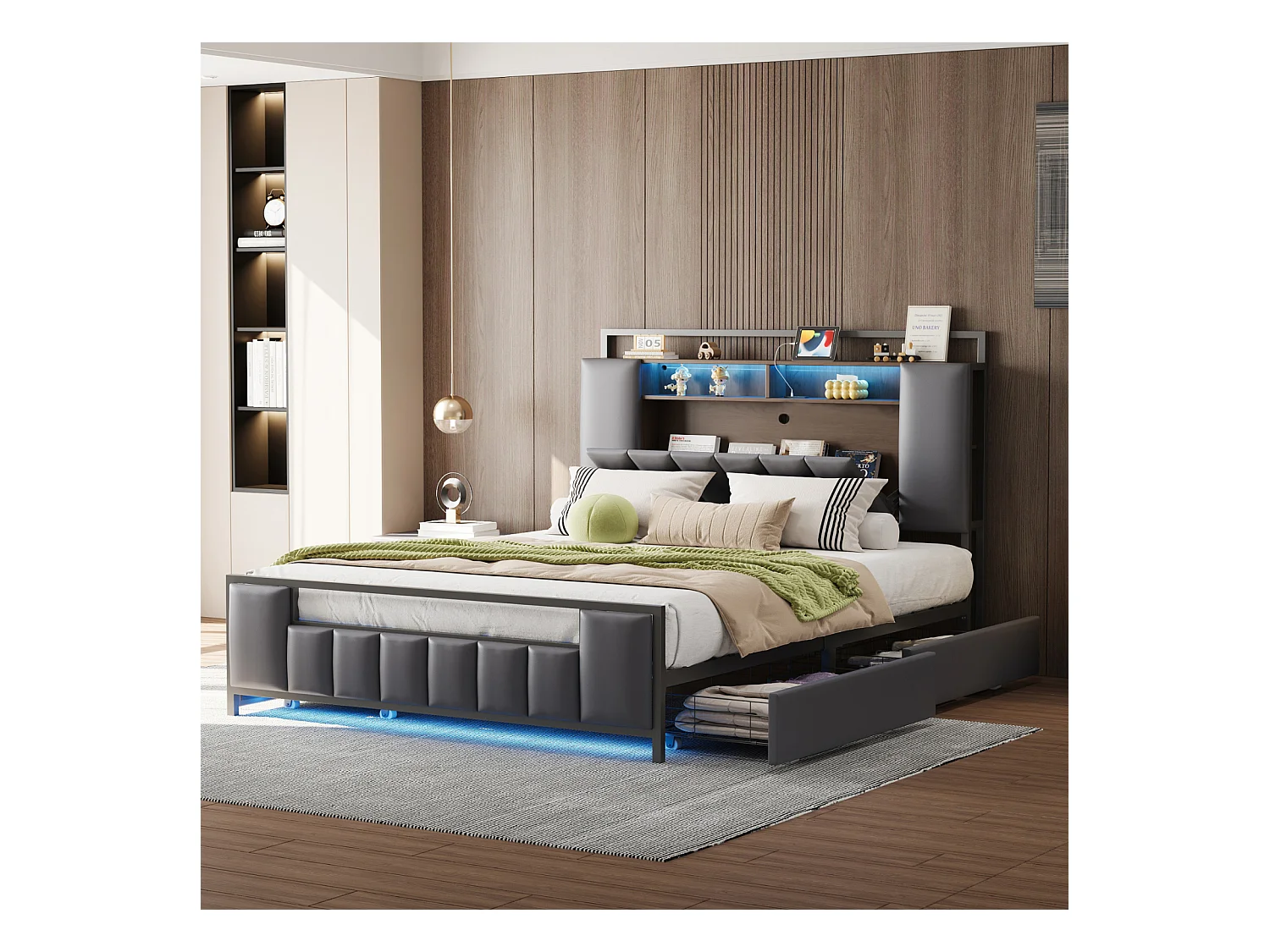Lit double capitinné, cadre en fer avec LED, prise USB, 4 tiroirs, sommier à lattes et tête de lit rangement, simili cuir, gris 140x200cm