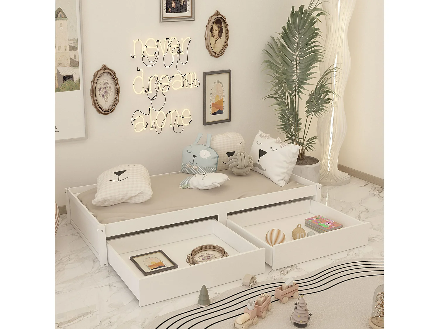 Eenpersoonsbed van massief hout 90X200 met 2 lades en lattenbodem Modern eenpersoonsbed van hout Wit