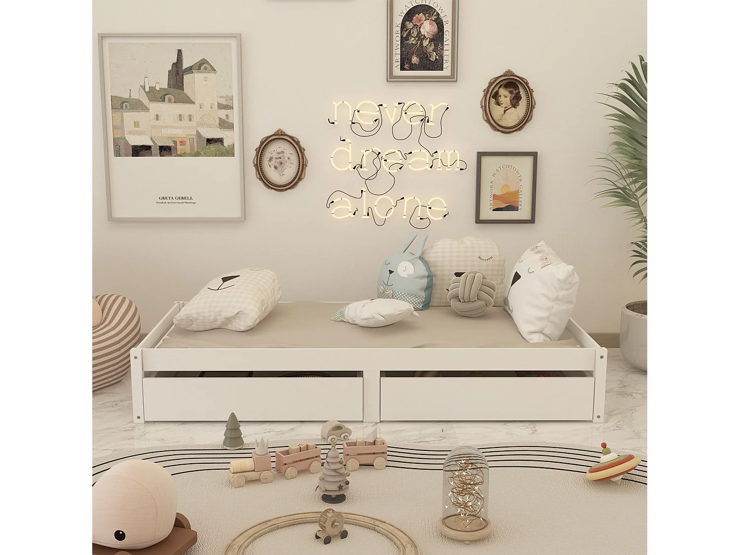 Eenpersoonsbed van massief hout 90X200 met 2 lades en lattenbodem Modern eenpersoonsbed van hout Wit