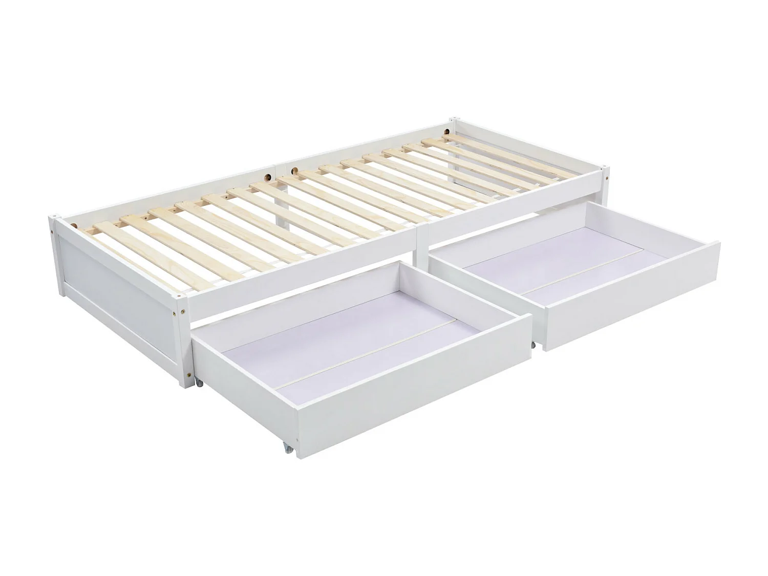 Eenpersoonsbed van massief hout 90X200 met 2 lades en lattenbodem Modern eenpersoonsbed van hout Wit