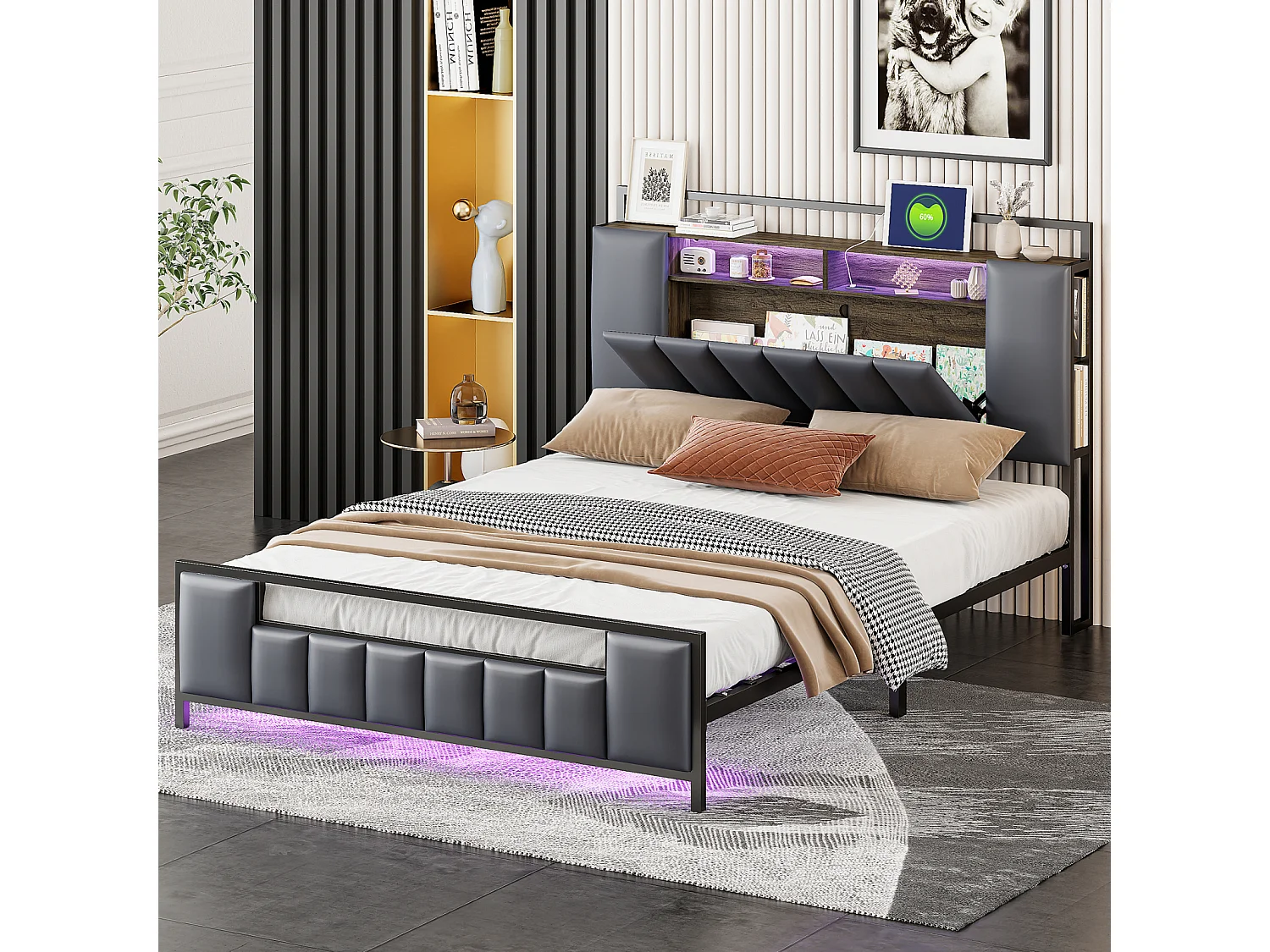 LED tweepersoonsbed, met USB-aansluiting, lattenbodem en hoofdbord, ijzeren frame, imitatieleer, grijs, 140x200cm