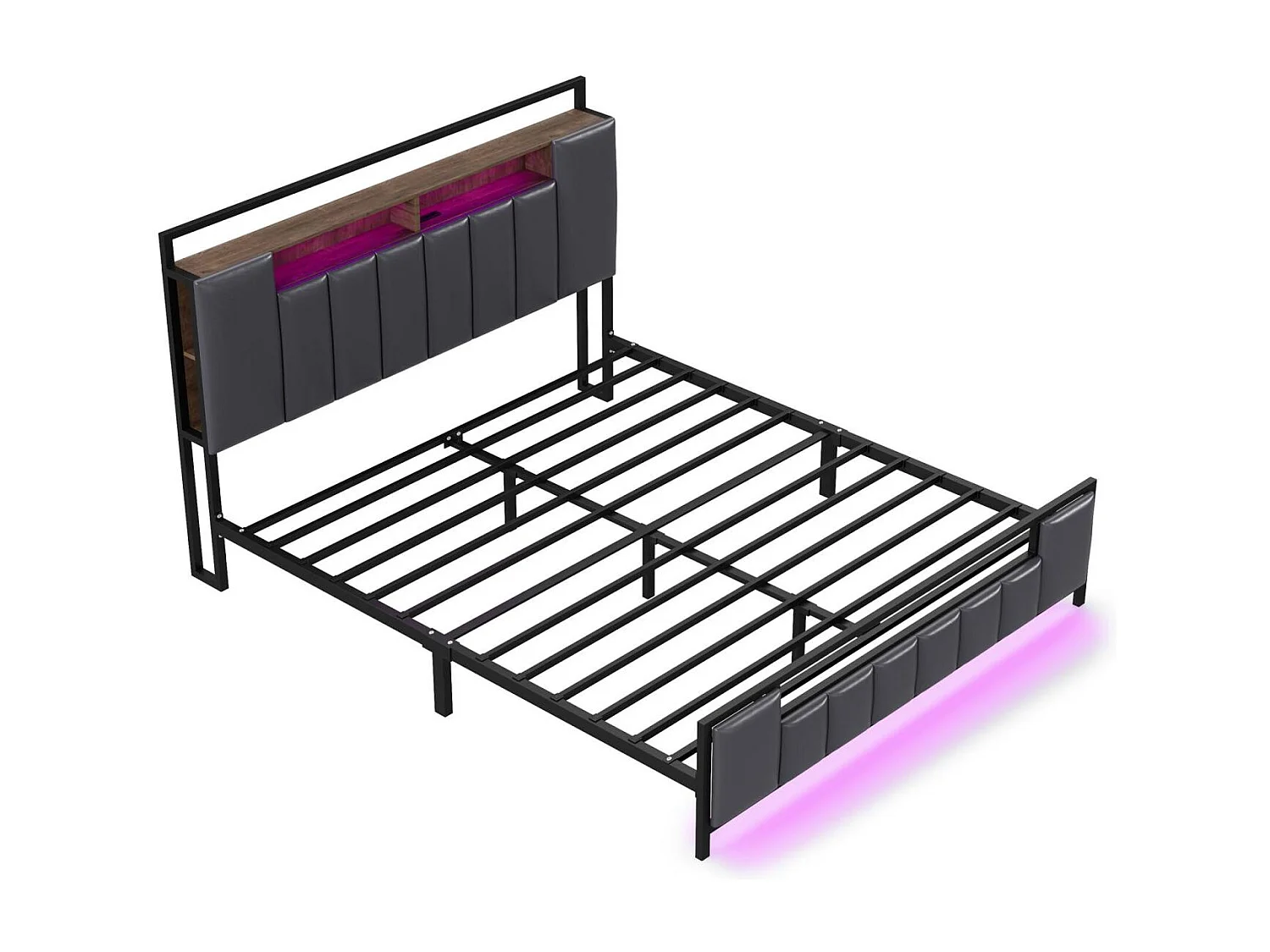 LED tweepersoonsbed, met USB-aansluiting, lattenbodem en hoofdbord, ijzeren frame, imitatieleer, grijs, 140x200cm