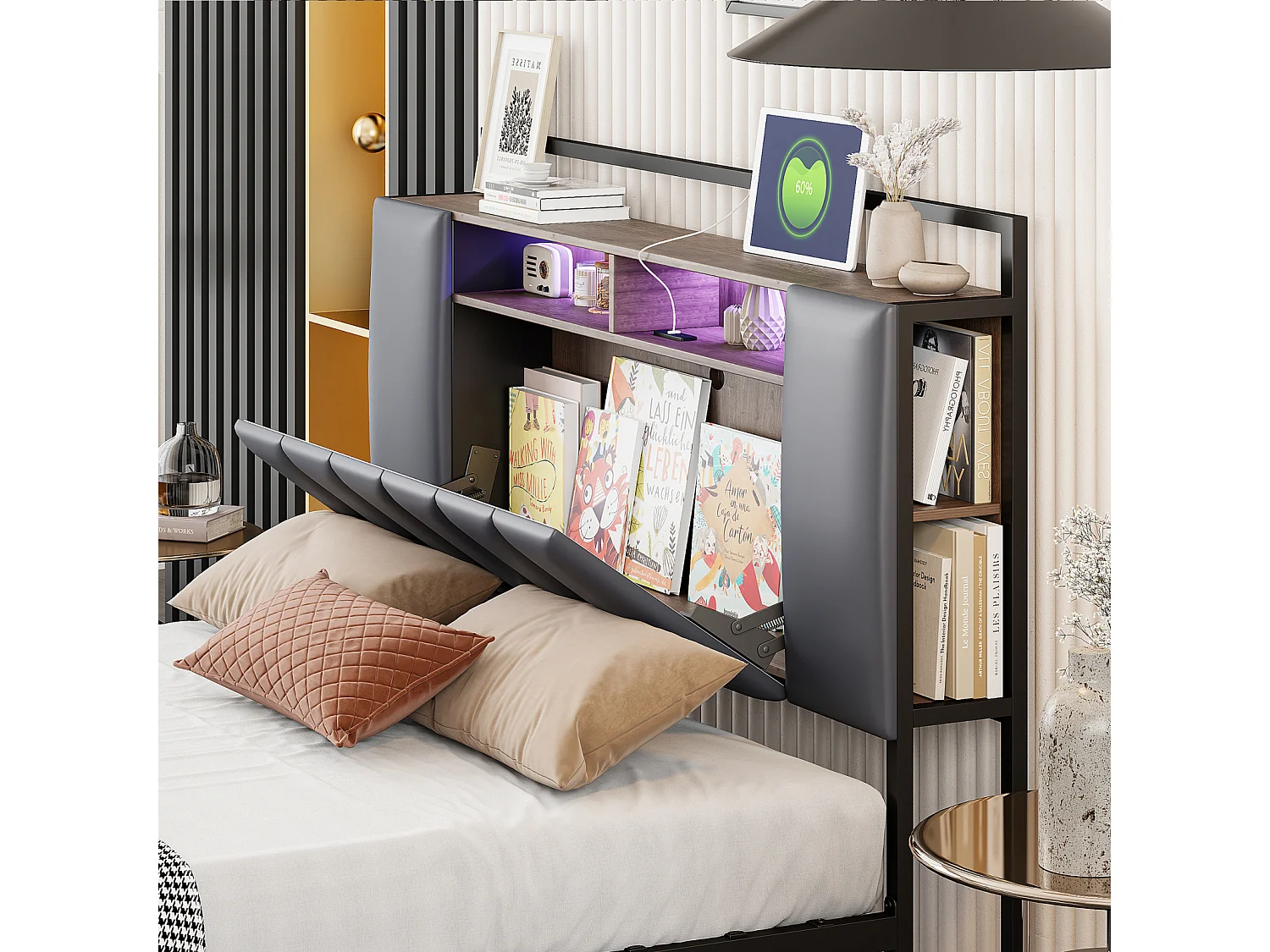 LED tweepersoonsbed, met USB-aansluiting, lattenbodem en hoofdbord, ijzeren frame, imitatieleer, grijs, 140x200cm