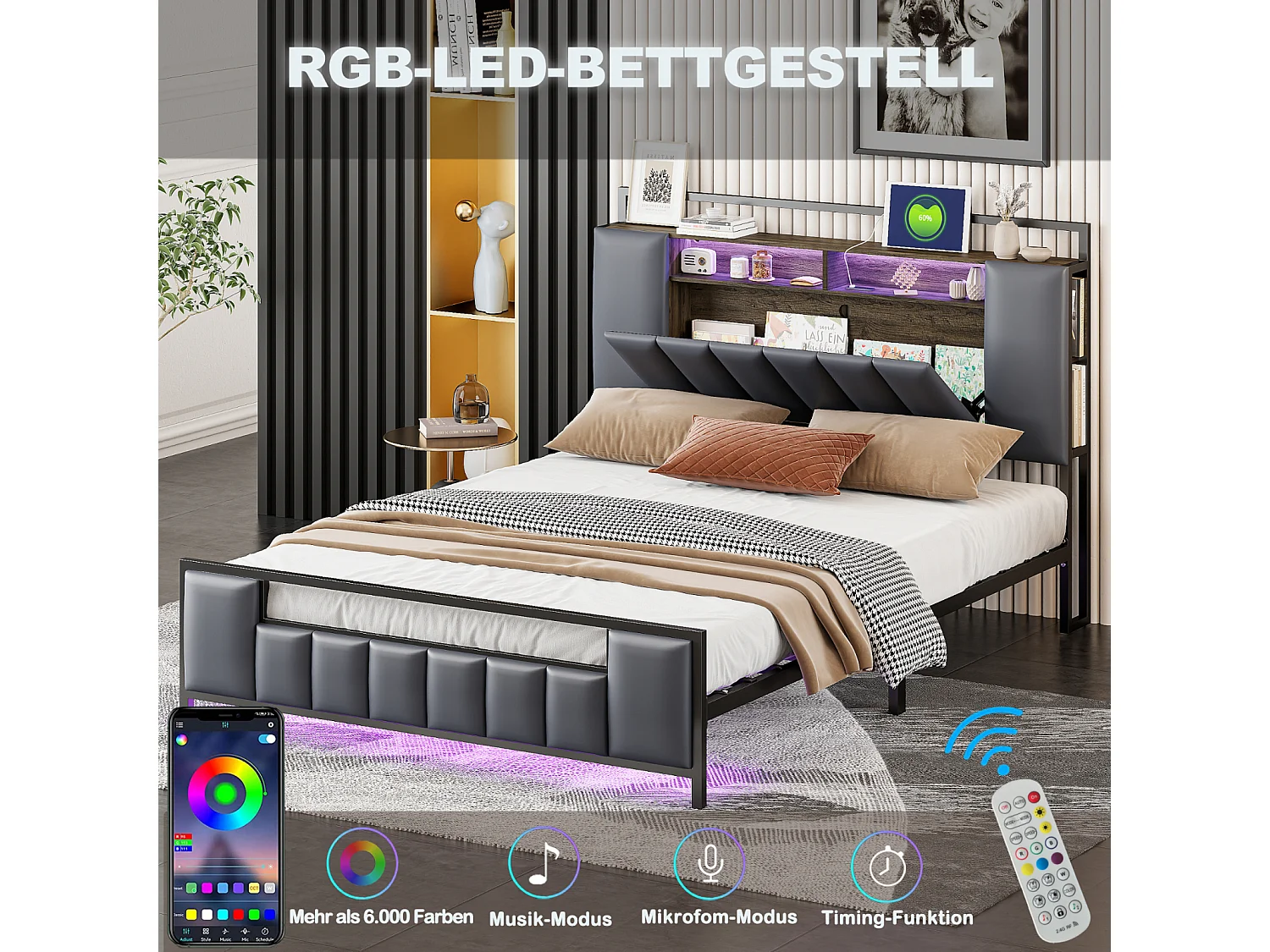 LED tweepersoonsbed, met USB-aansluiting, lattenbodem en hoofdbord, ijzeren frame, imitatieleer, grijs, 140x200cm