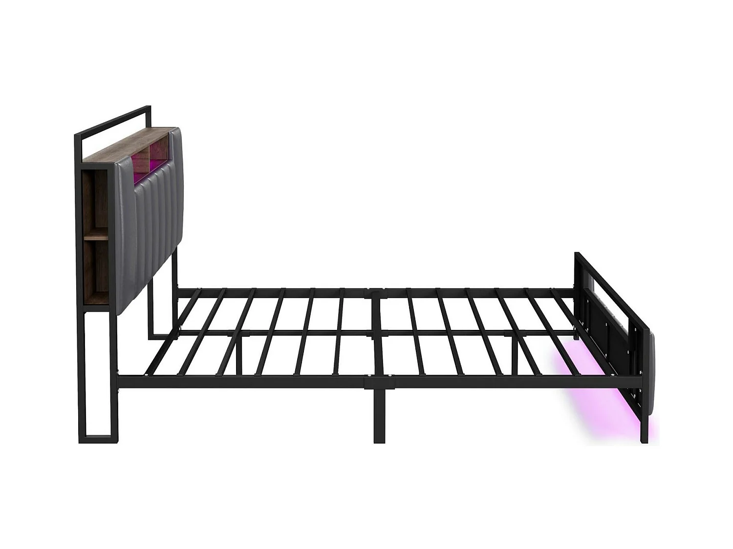 Lit double LED, avec prise USB, sommier à lattes et tête de lit, cadre en fer, simili cuir, gris, 140x200cm
