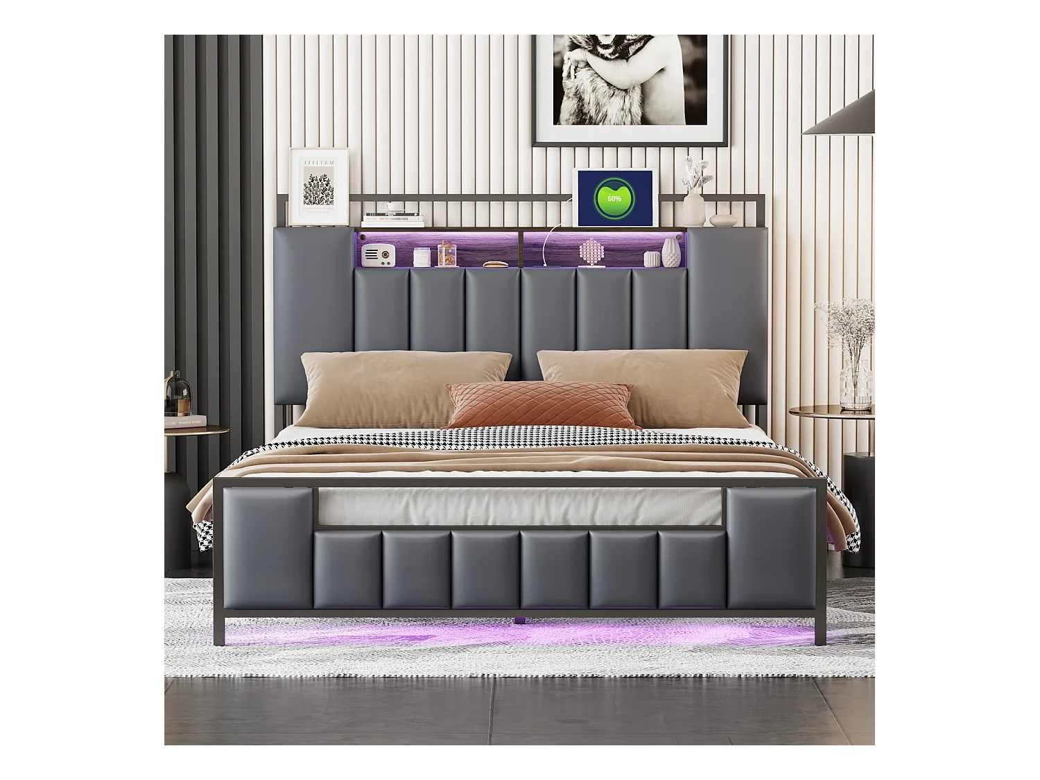 Lit double LED, avec prise USB, sommier à lattes et tête de lit, cadre en fer, simili cuir, gris, 140x200cm