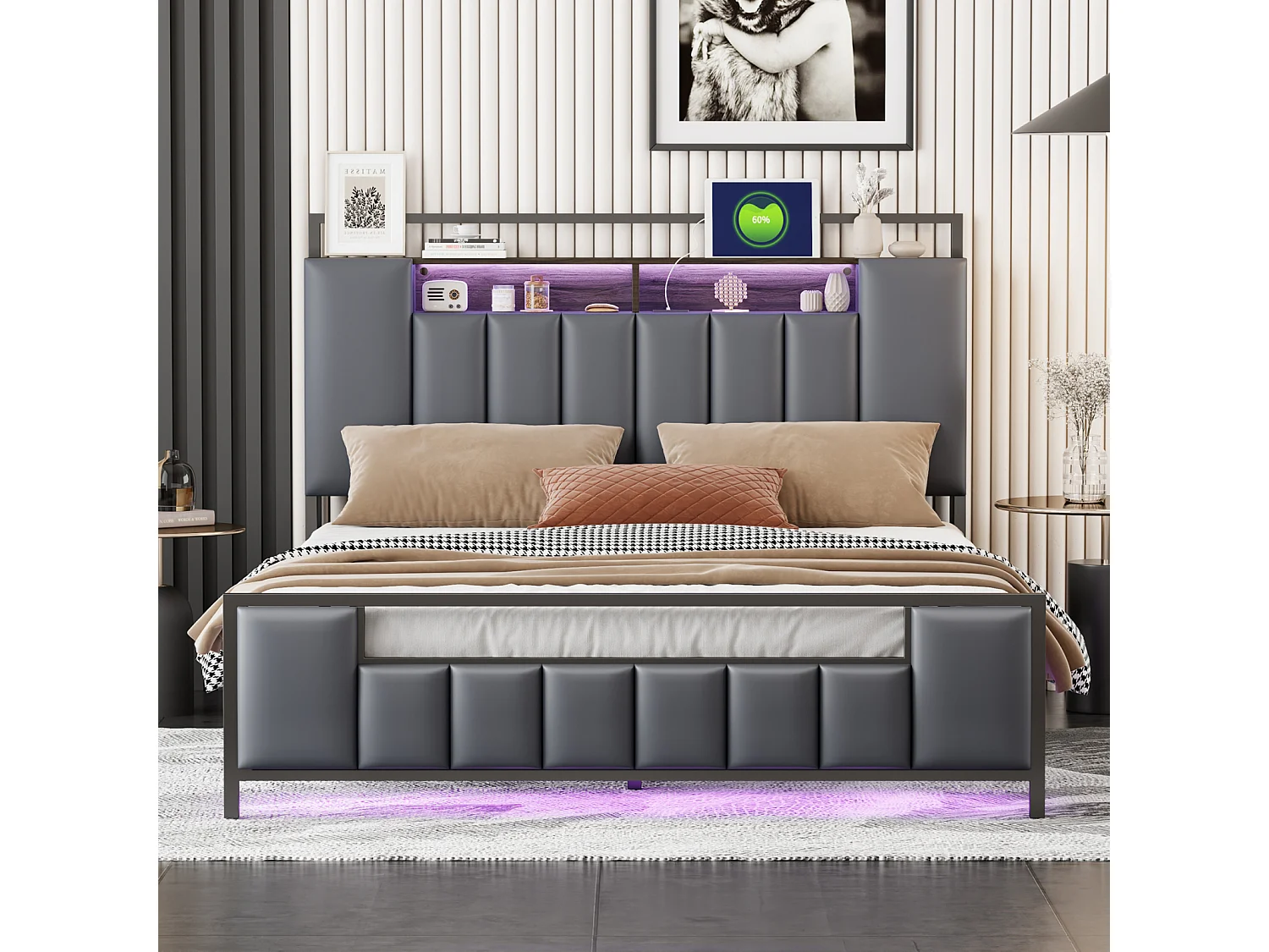 Lit double LED, avec prise USB, sommier à lattes et tête de lit, cadre en fer, simili cuir, gris, 140x200cm