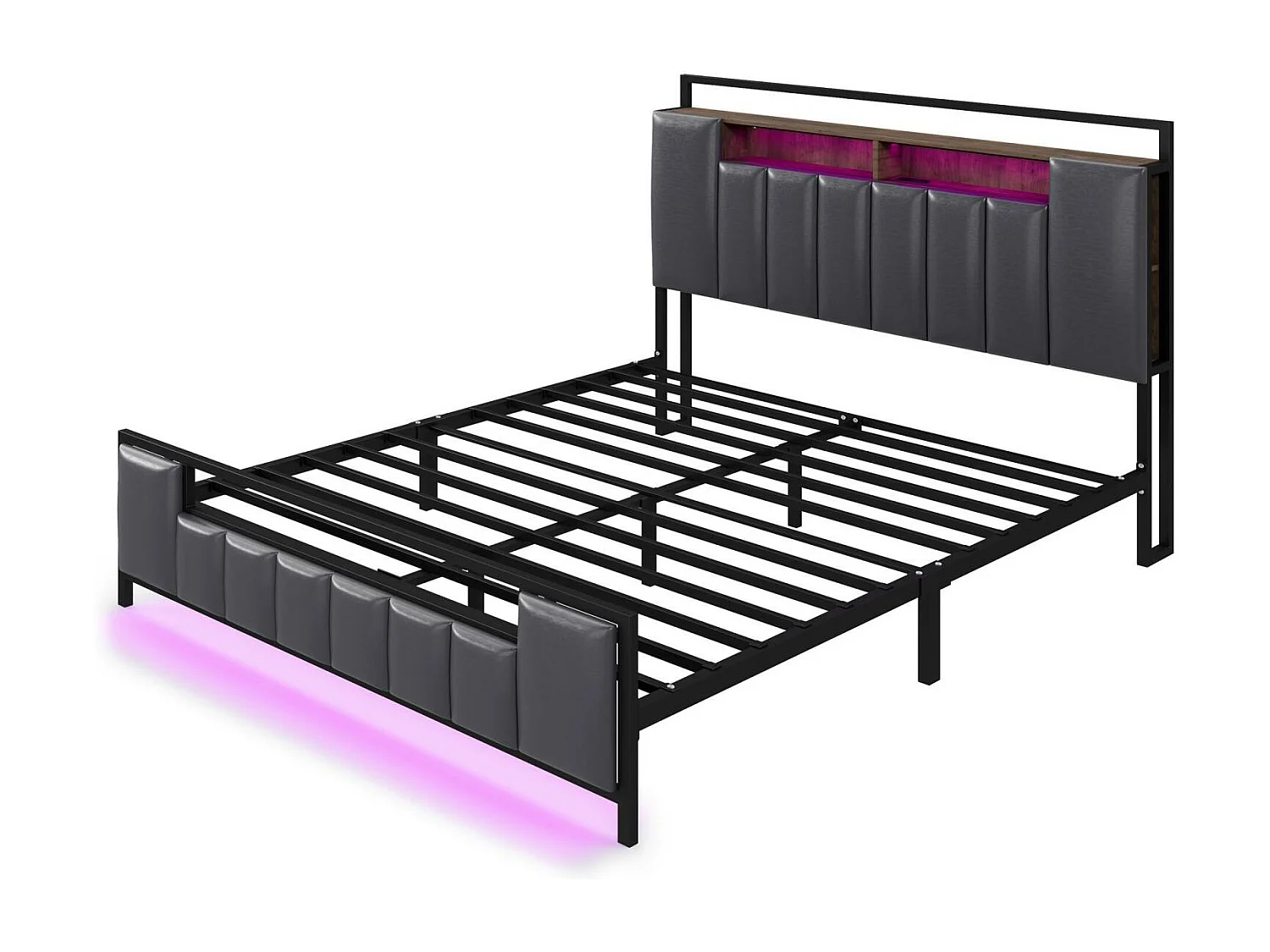 Lit double LED, avec prise USB, sommier à lattes et tête de lit, cadre en fer, simili cuir, gris, 140x200cm