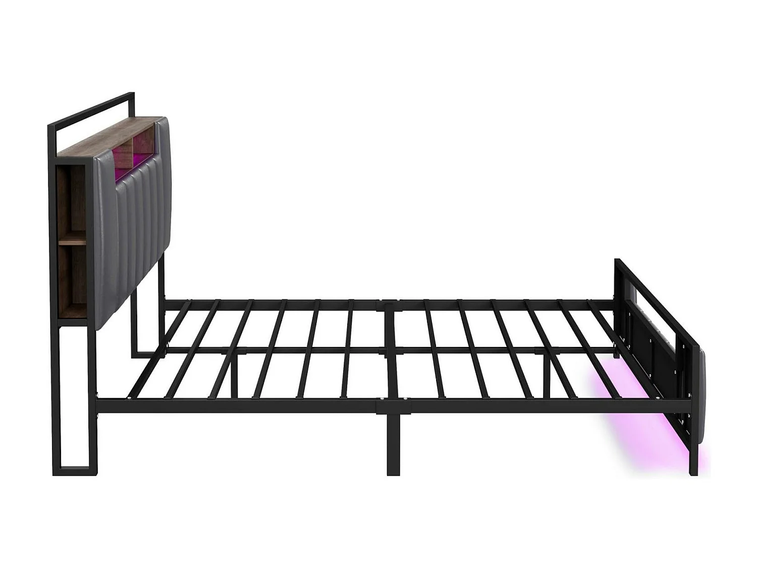 Lit double LED, avec prise USB, sommier à lattes et tête de lit, cadre en fer, simili cuir, gris, 140x200cm