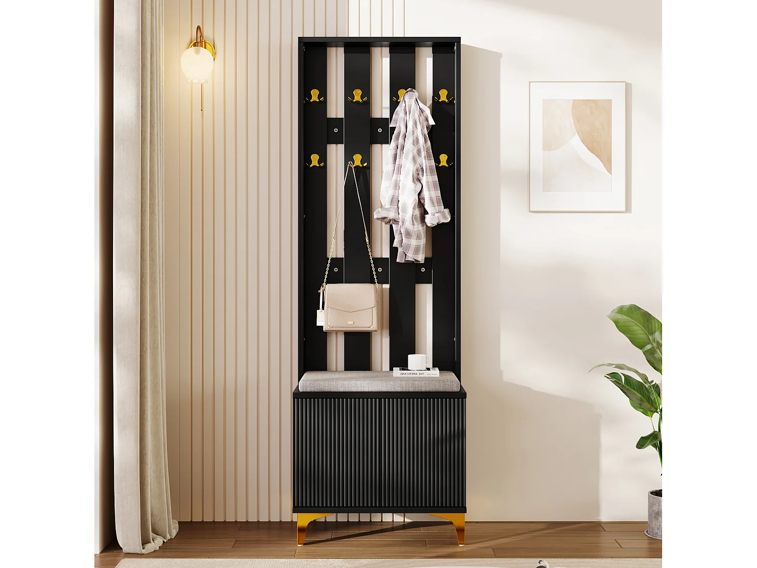 Ensemble vestiaire - armoire et banc à chaussures avec coussin, façade d'armoire avec crochets, 60.5x32.5x180.5cm - noir