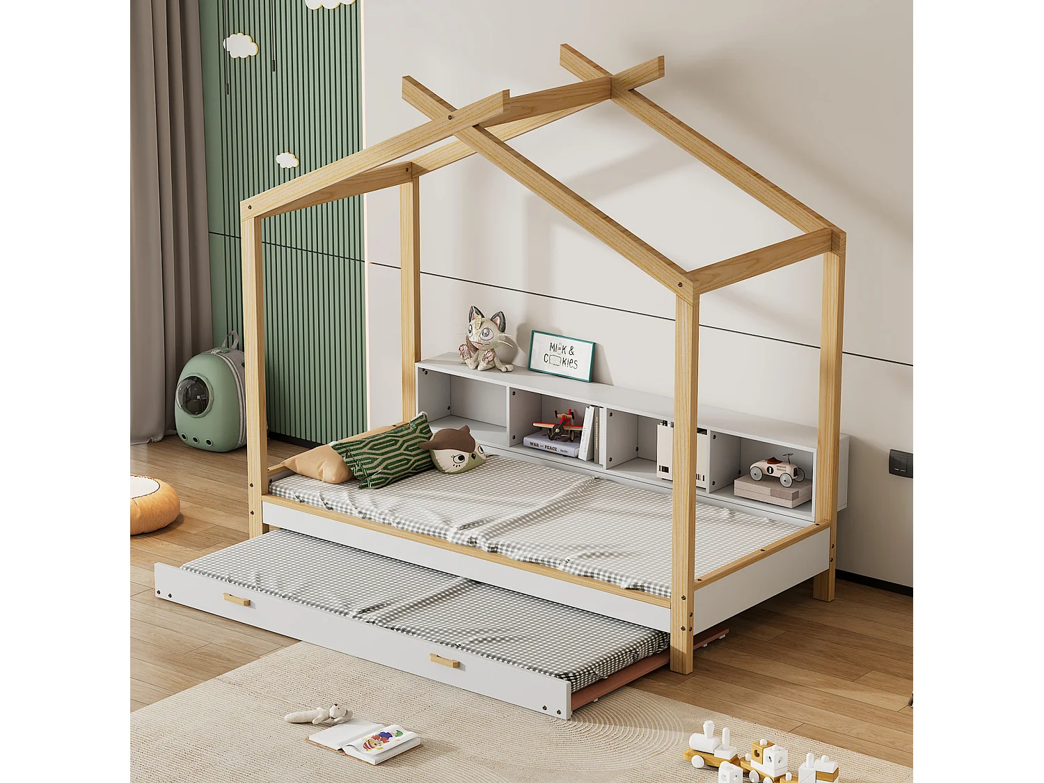 Lit cabane gigogne 90x200cm&90x190cm, lit de maison avec 4 étagères, lit en pin+MDF, blanc+naturel