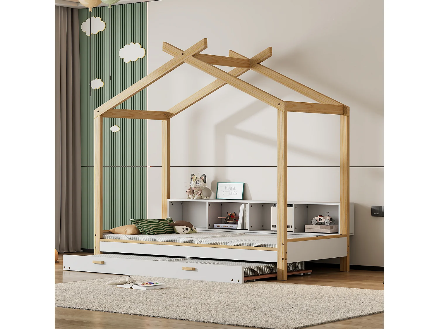 Lit cabane gigogne 90x200cm&90x190cm, lit de maison avec 4 étagères, lit en pin+MDF, blanc+naturel