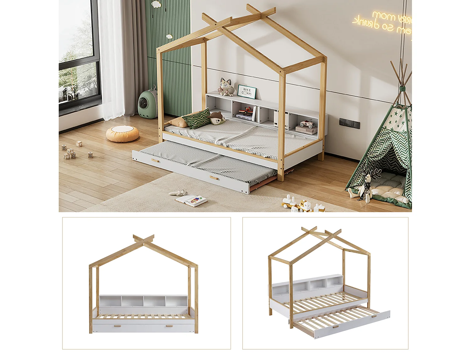 Lit cabane gigogne 90x200cm&90x190cm, lit de maison avec 4 étagères, lit en pin+MDF, blanc+naturel