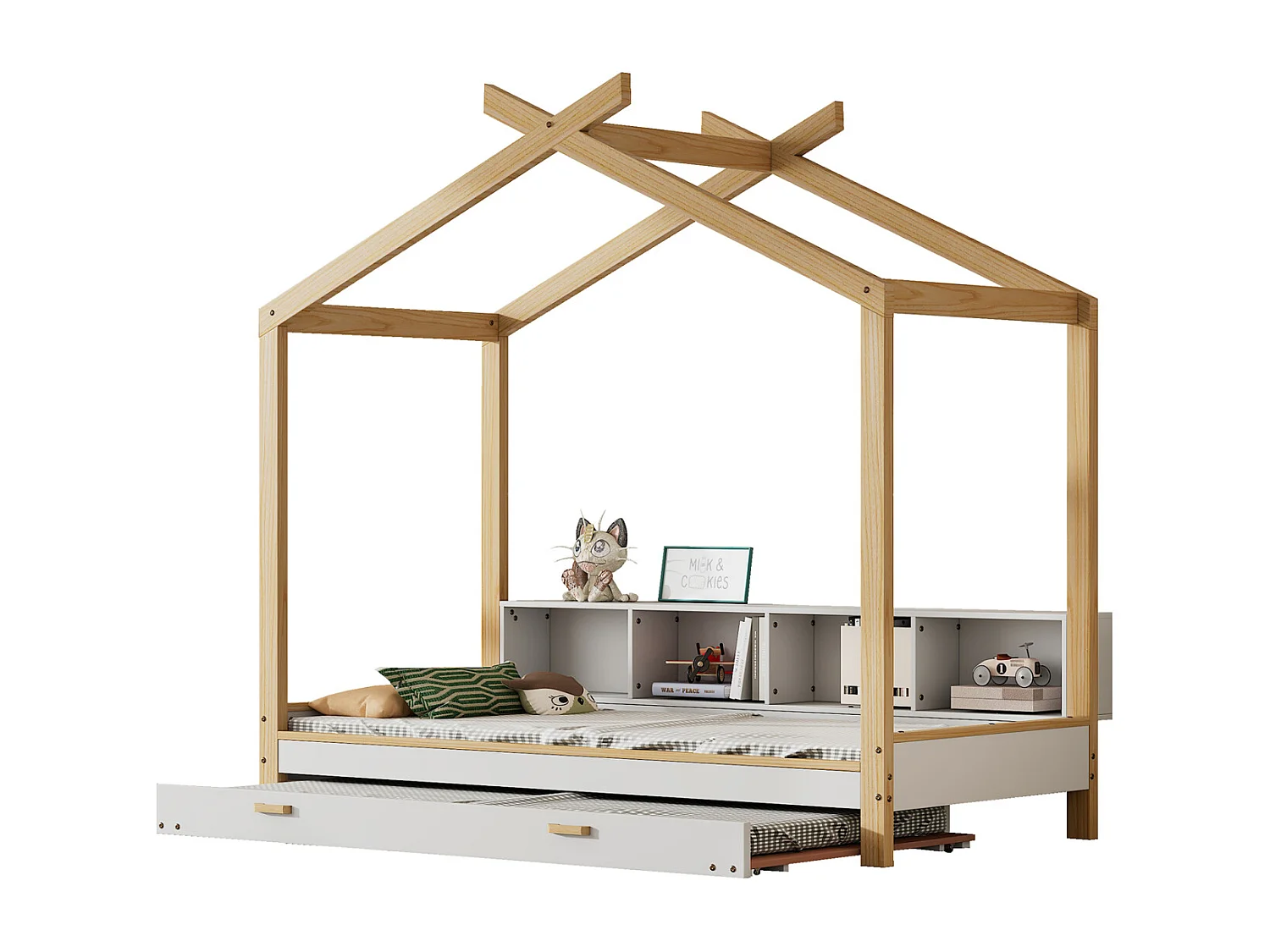 Lit cabane gigogne 90x200cm&90x190cm, lit de maison avec 4 étagères, lit en pin+MDF, blanc+naturel
