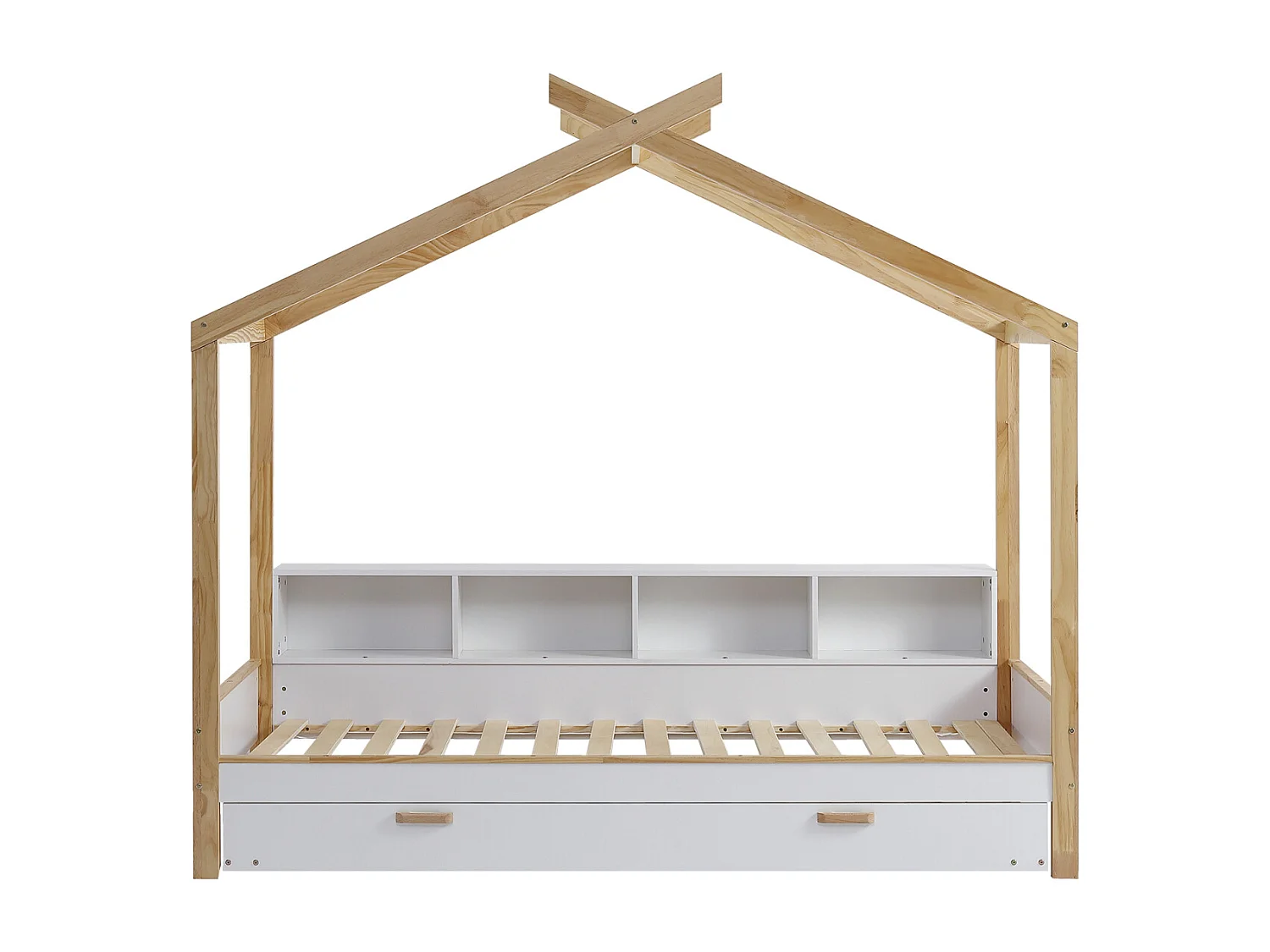 Lit cabane gigogne 90x200cm&90x190cm, lit de maison avec 4 étagères, lit en pin+MDF, blanc+naturel