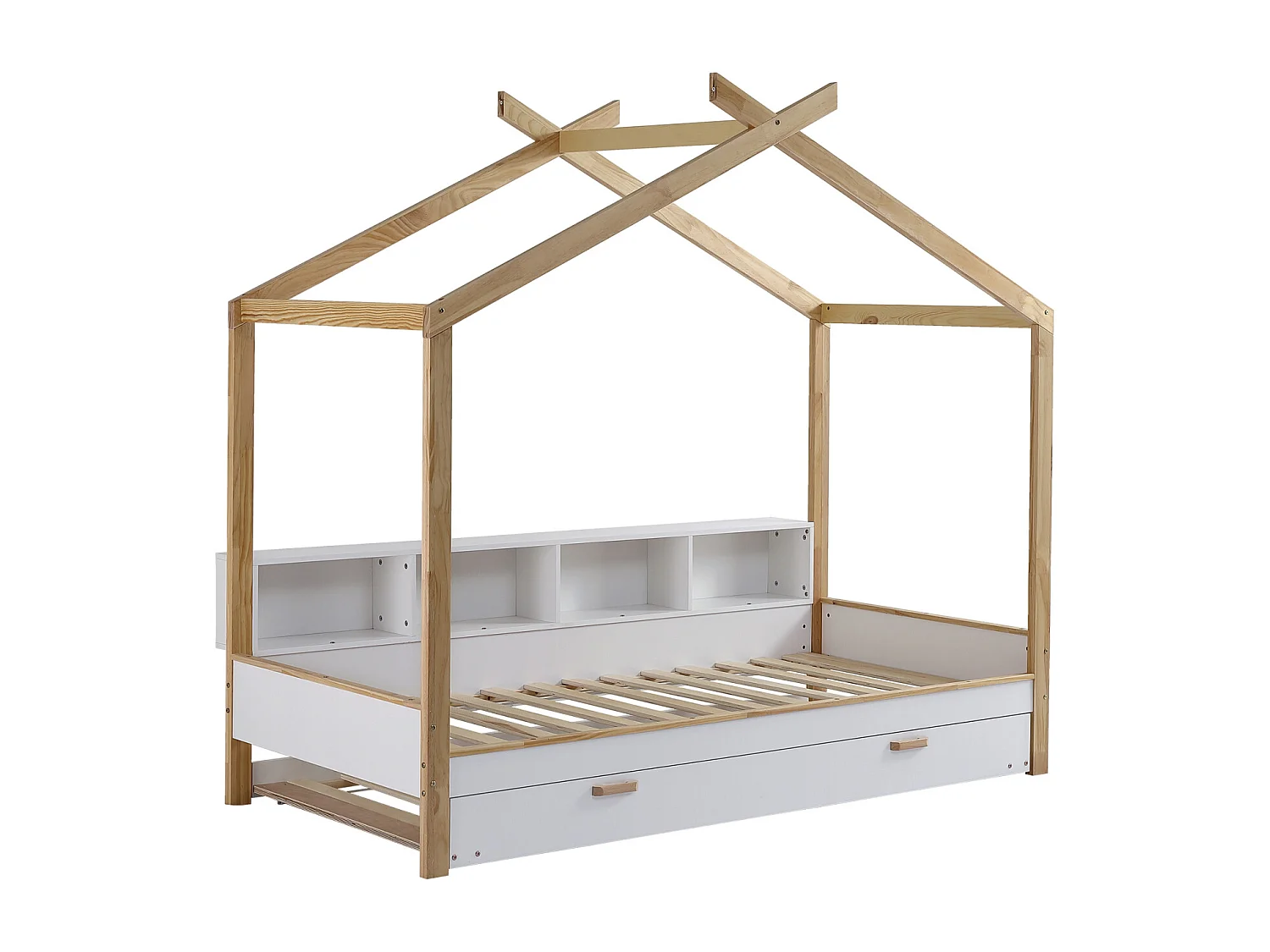 Lit cabane gigogne 90x200cm&90x190cm, lit de maison avec 4 étagères, lit en pin+MDF, blanc+naturel