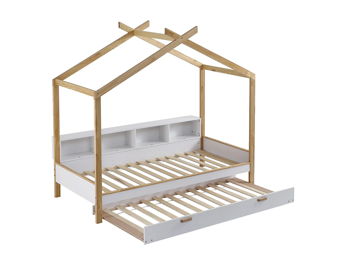 Lit cabane gigogne 90x200cm&90x190cm, lit de maison avec 4 étagères, lit en pin+MDF, blanc+naturel