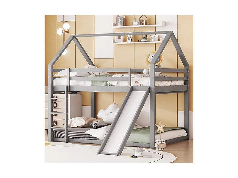 Doppelbett Kinderhochbett 140x200cm - Etagenbett mit Rutsche und Leiter, Rausfallschutz Kinderzimmer - grau