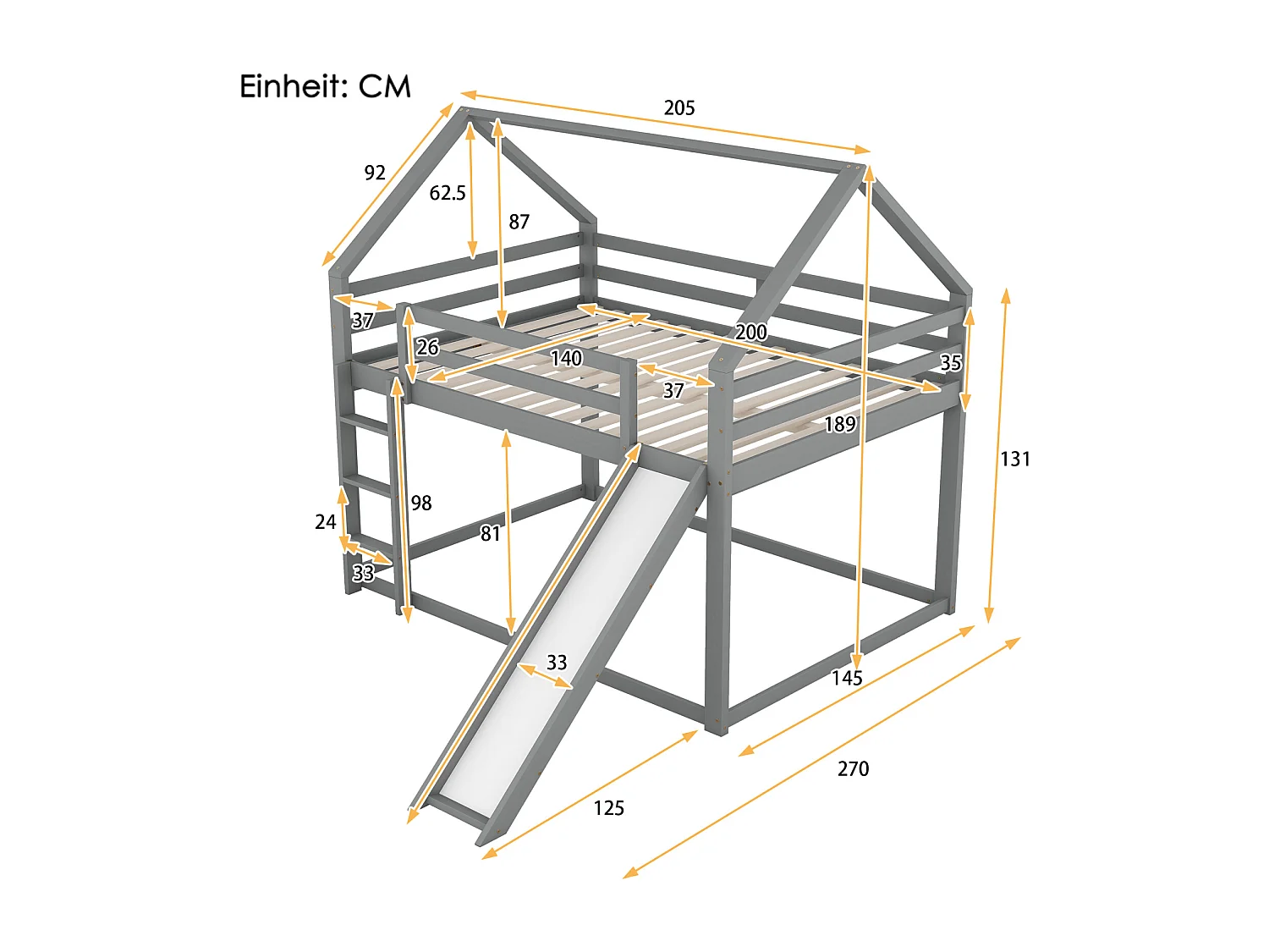 Lit cabane d'enfant double 140x200cm - lit superposé avec toboggan et échelle, protection contre les chutes chambre d'enfant - gris