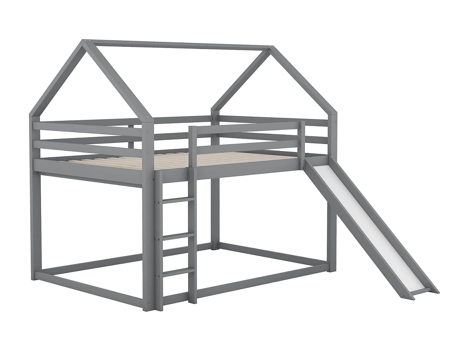 Tweepersoons kinderhutbed 140x200cm - stapelbed met glijbaan en ladder, valbeveiliging kinderkamer - grijs