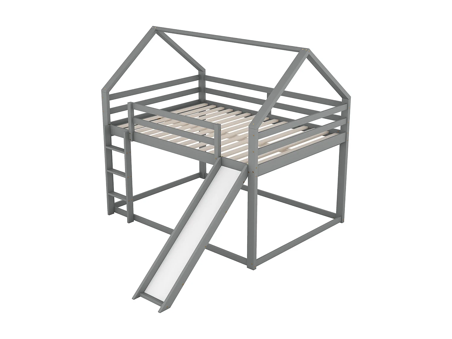 Tweepersoons kinderhutbed 140x200cm - stapelbed met glijbaan en ladder, valbeveiliging kinderkamer - grijs