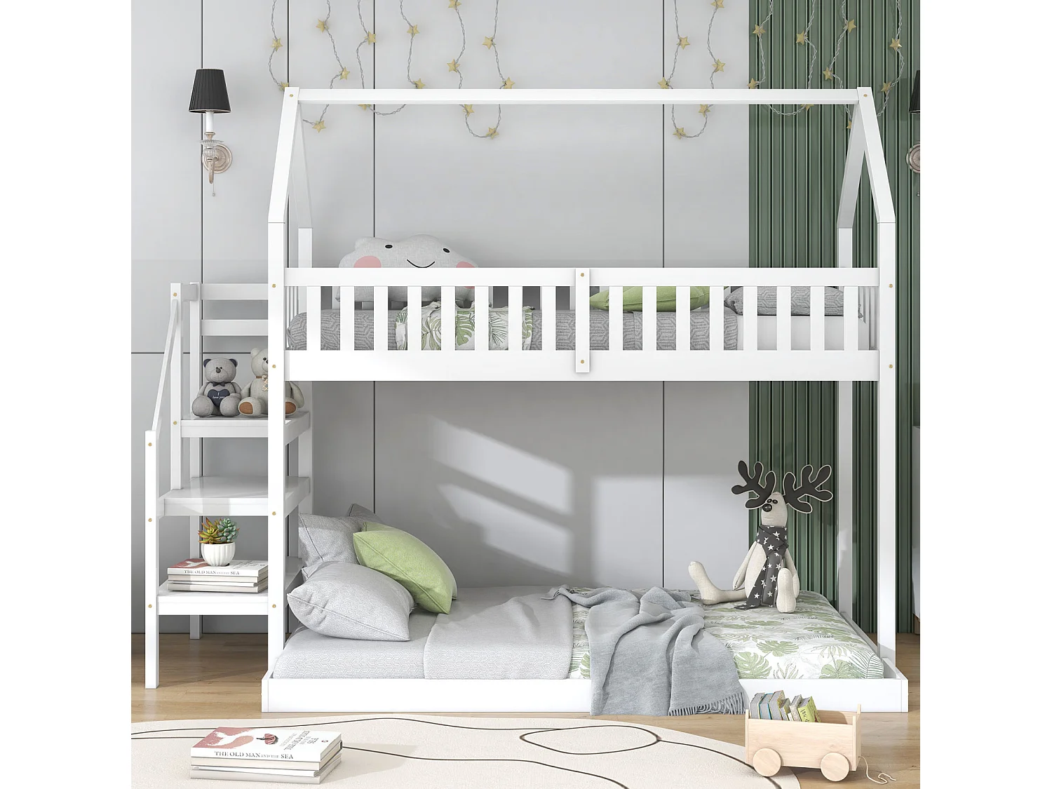 Hochbett 90x200cm - Etagenbett Hausbett mit Treppe mit Rausfallschutz und Barriere Kiefernrahmen - Weiß