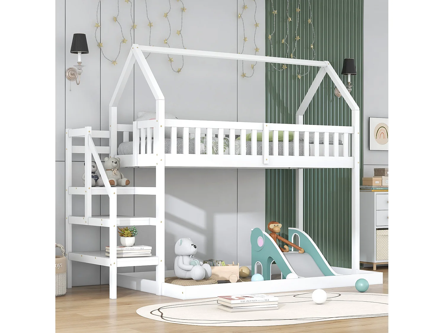 Hochbett 90x200cm - Etagenbett Hausbett mit Treppe mit Rausfallschutz und Barriere Kiefernrahmen - Weiß