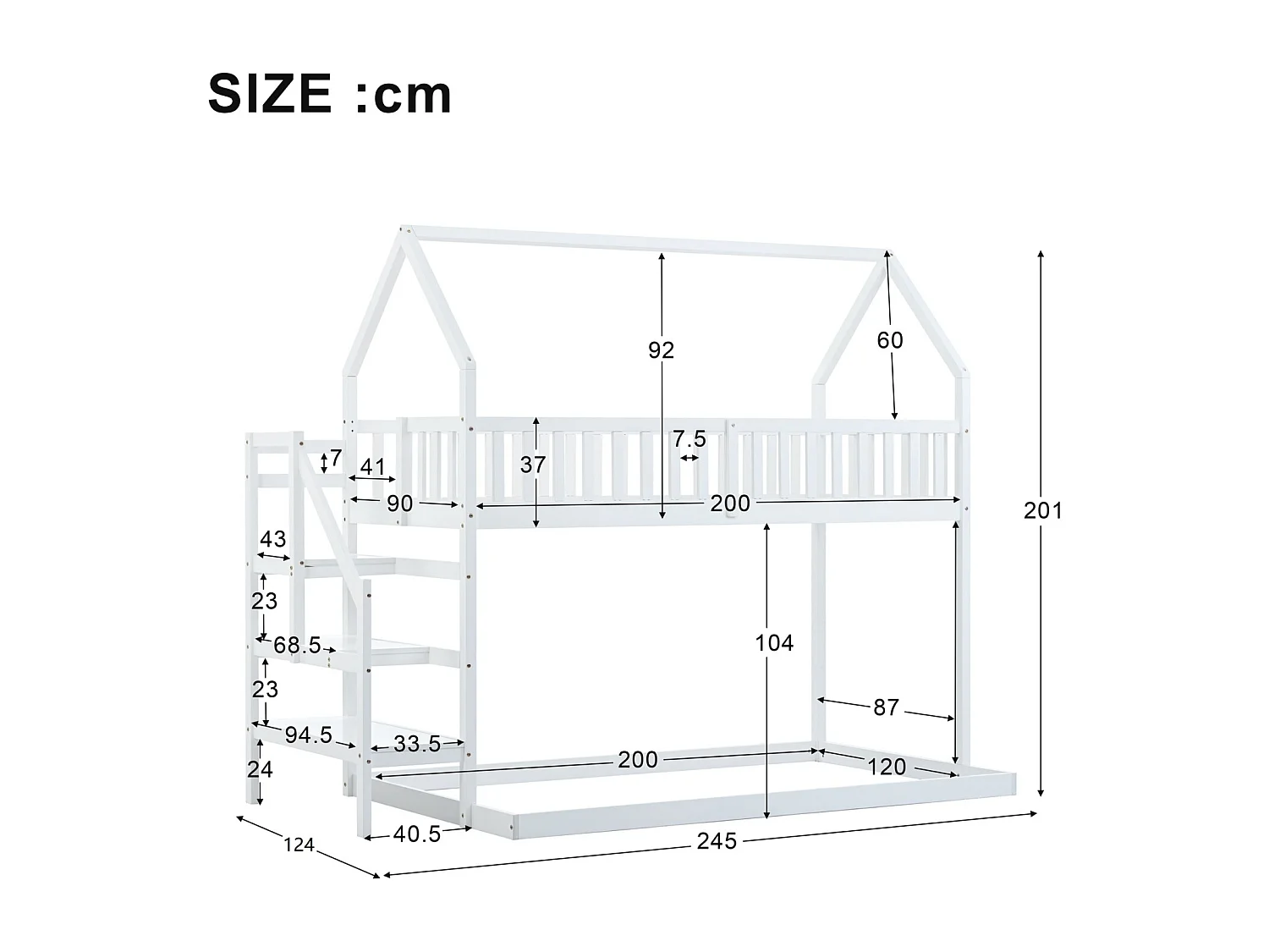 Hochbett 90x200cm - Etagenbett Hausbett mit Treppe mit Rausfallschutz und Barriere Kiefernrahmen - Weiß