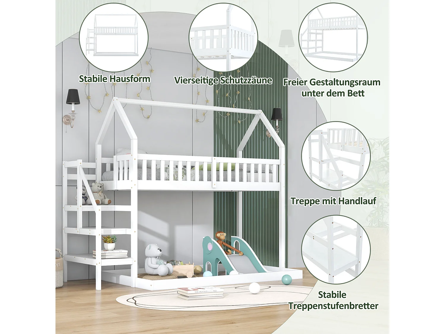 Hochbett 90x200cm - Etagenbett Hausbett mit Treppe mit Rausfallschutz und Barriere Kiefernrahmen - Weiß