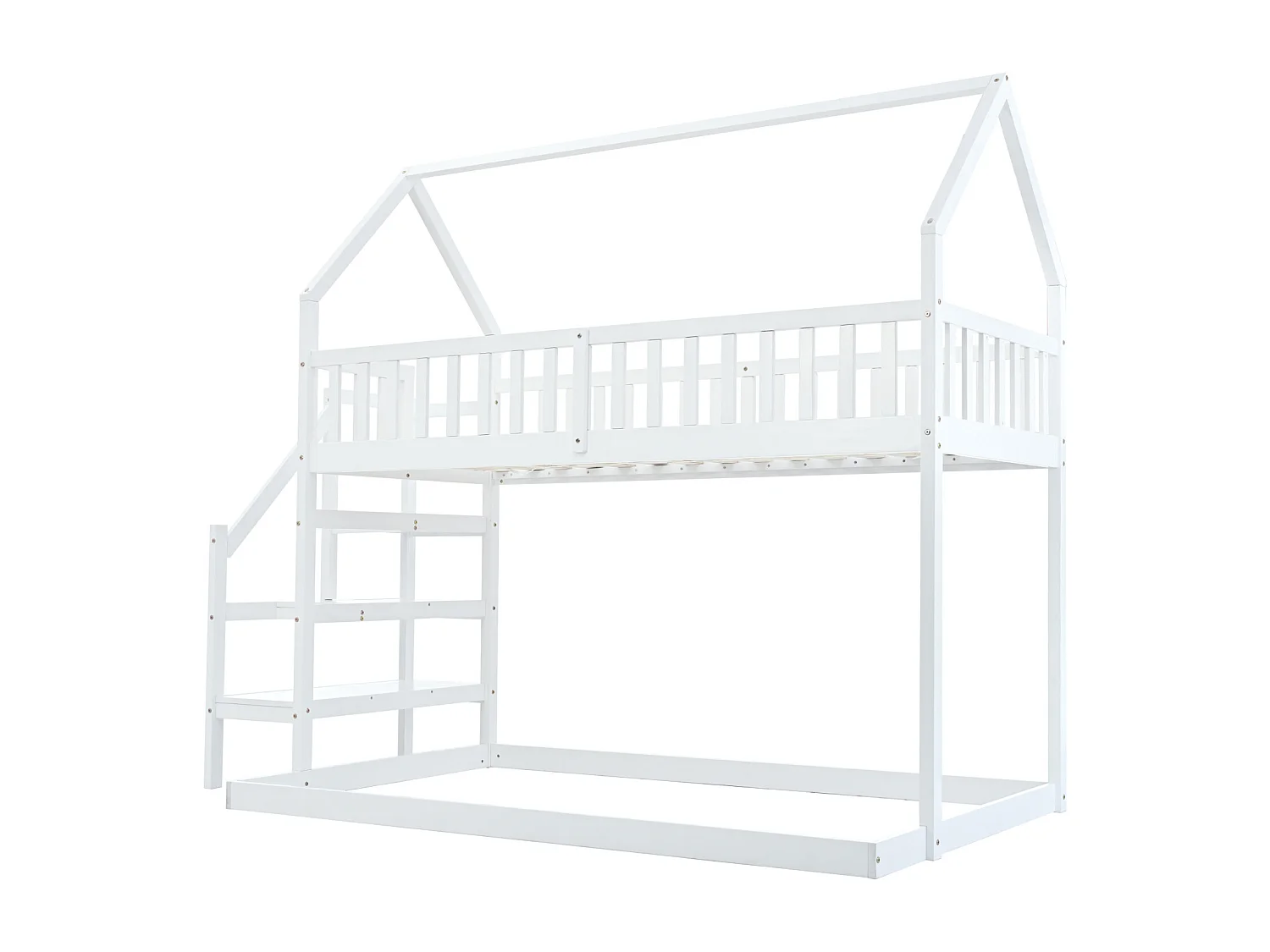 Hochbett 90x200cm - Etagenbett Hausbett mit Treppe mit Rausfallschutz und Barriere Kiefernrahmen - Weiß