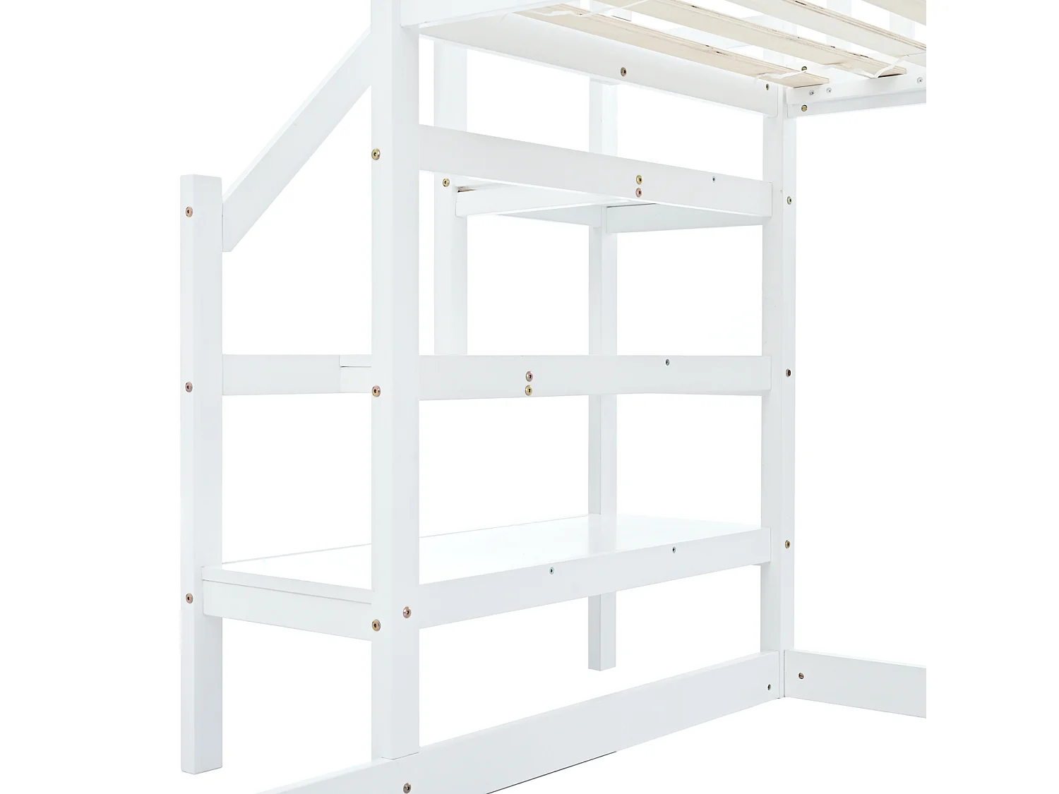 Hochbett 90x200cm - Etagenbett Hausbett mit Treppe mit Rausfallschutz und Barriere Kiefernrahmen - Weiß