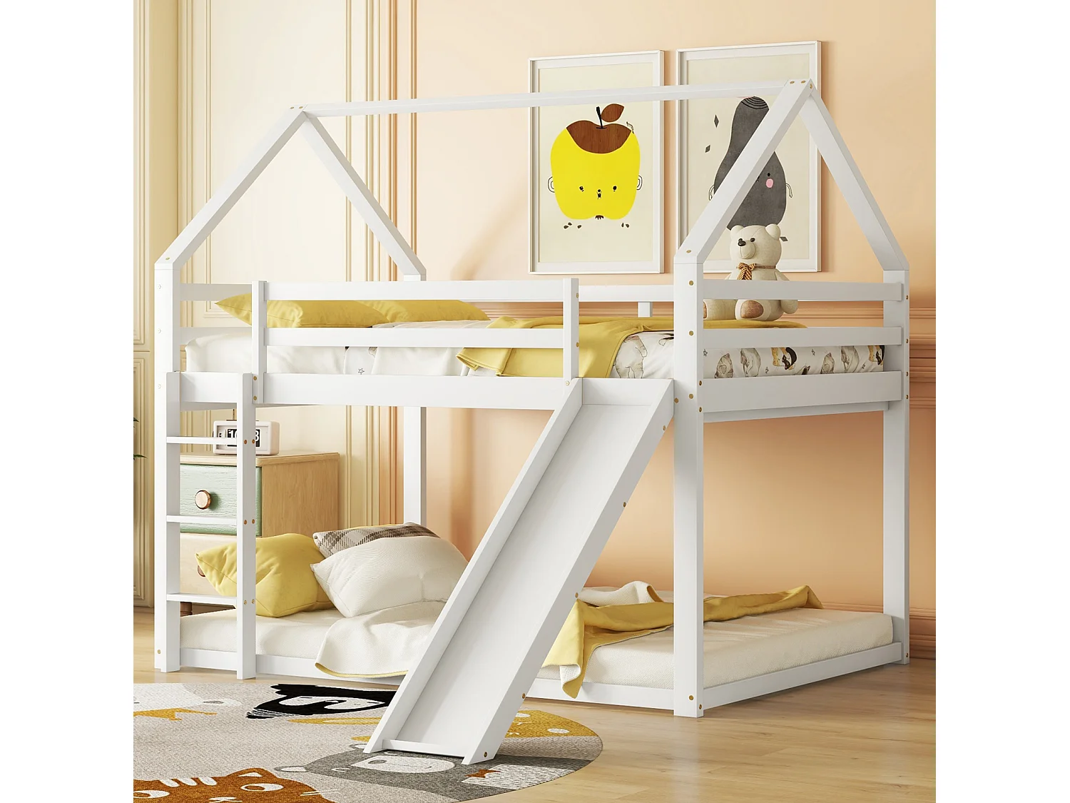 Lit cabane d'enfant double 140x200cm - lit superposé avec toboggan et échelle, protection contre les chutes chambre d'enfant - blanc