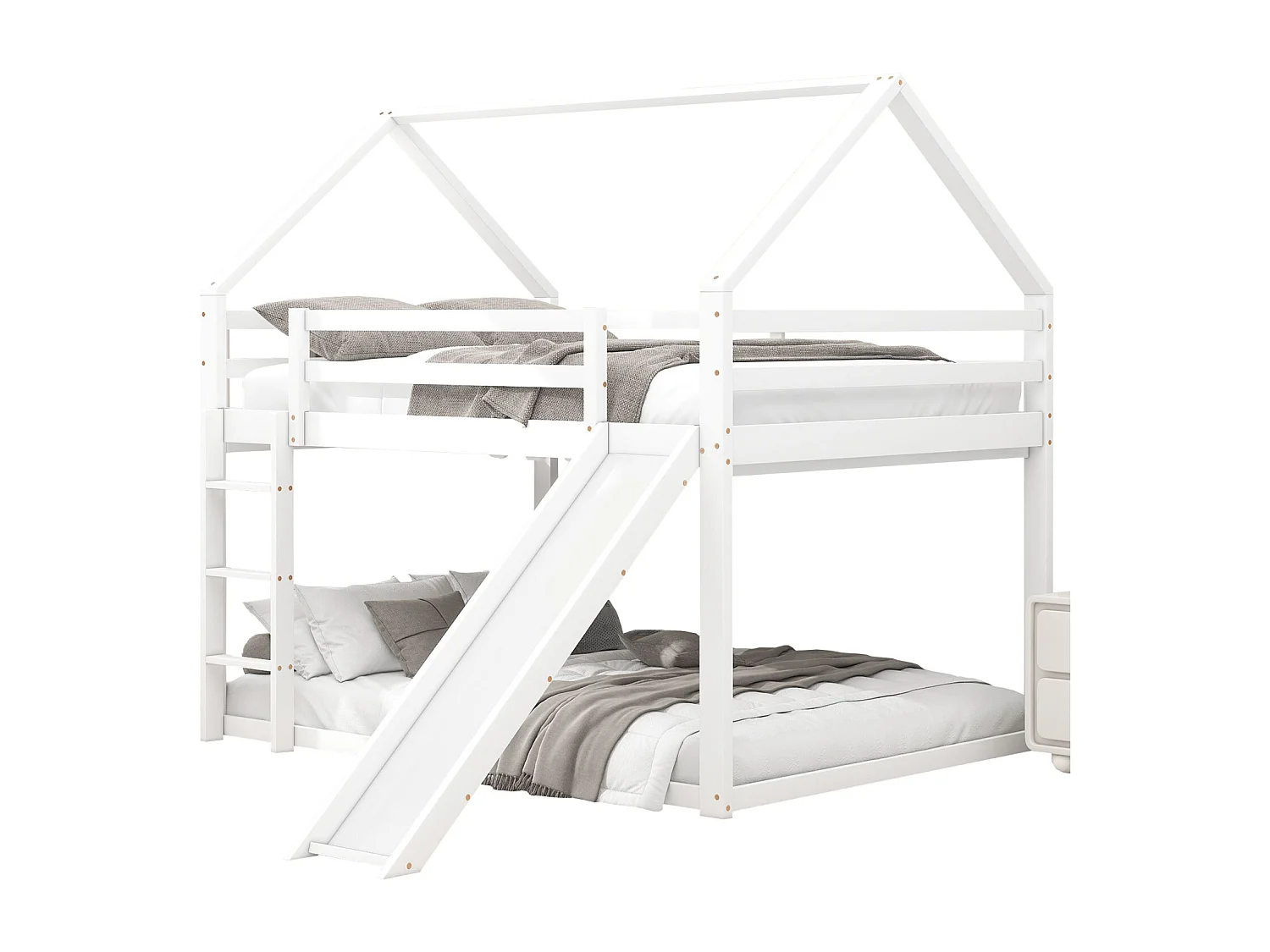 Lit cabane d'enfant double 140x200cm - lit superposé avec toboggan et échelle, protection contre les chutes chambre d'enfant - blanc
