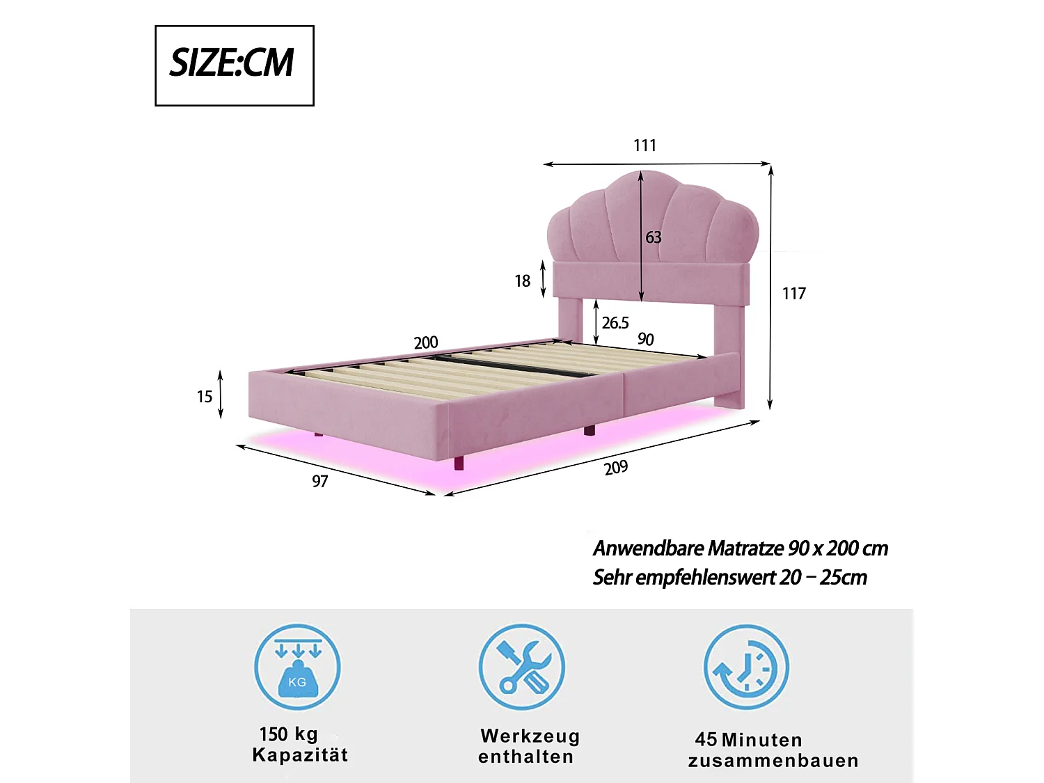 Lit simple 90x200cm, lit LED avec sommier à lattes et tête de lit en forme de nuage, pied de lit dissimulé, tissu velours rose
