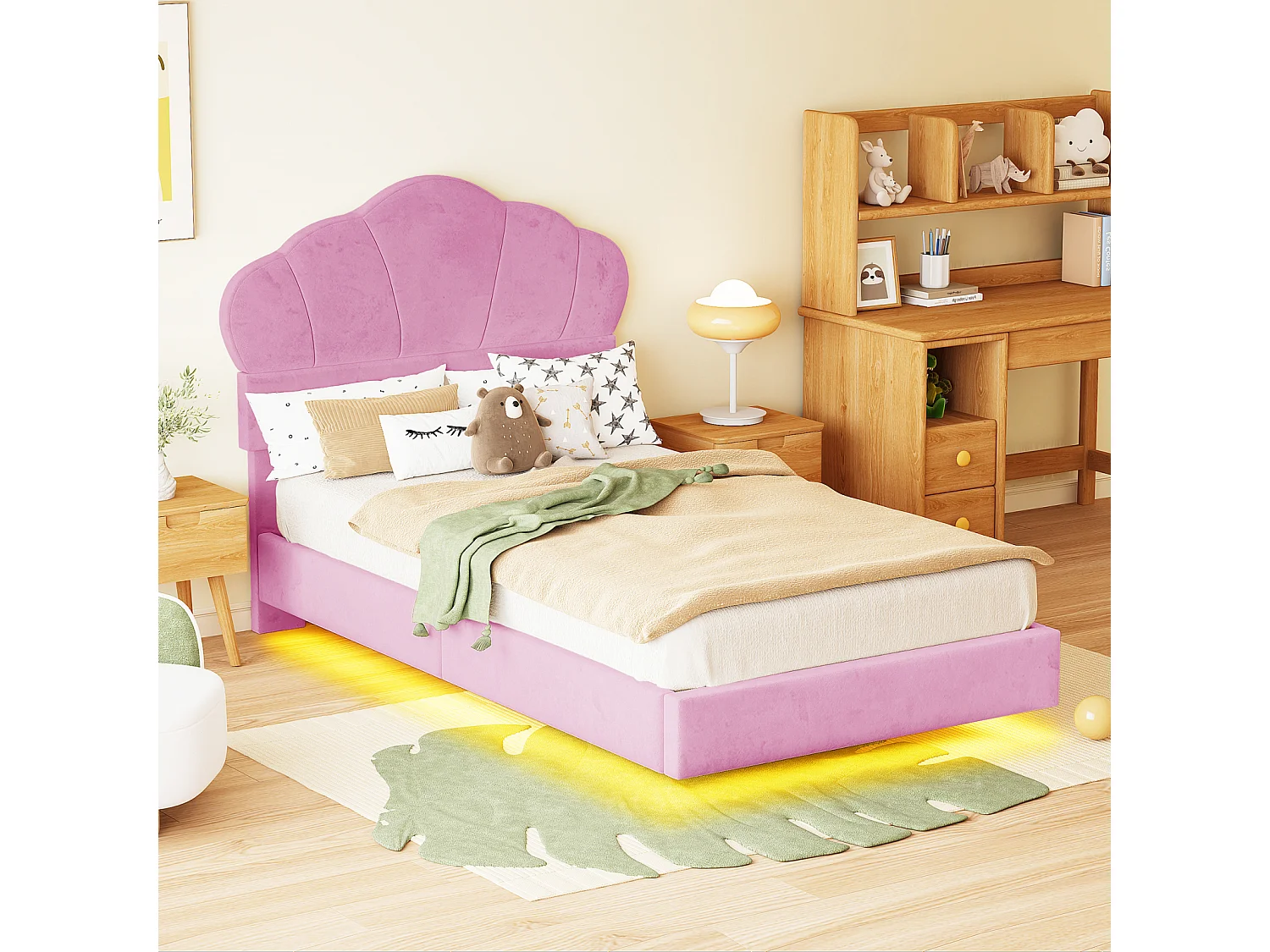 Lit simple 90x200cm, lit LED avec sommier à lattes et tête de lit en forme de nuage, pied de lit dissimulé, tissu velours rose