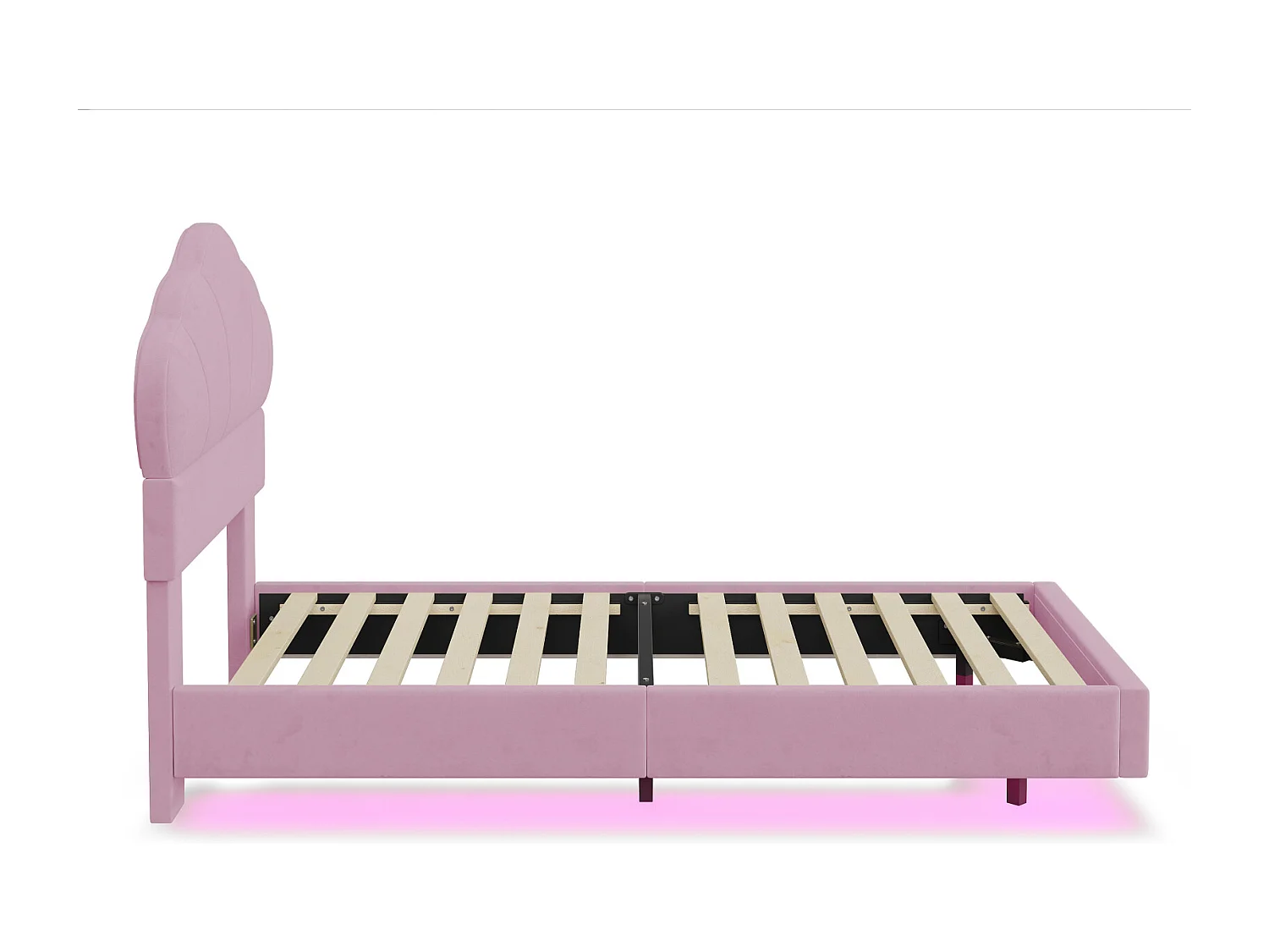 Lit simple 90x200cm, lit LED avec sommier à lattes et tête de lit en forme de nuage, pied de lit dissimulé, tissu velours rose