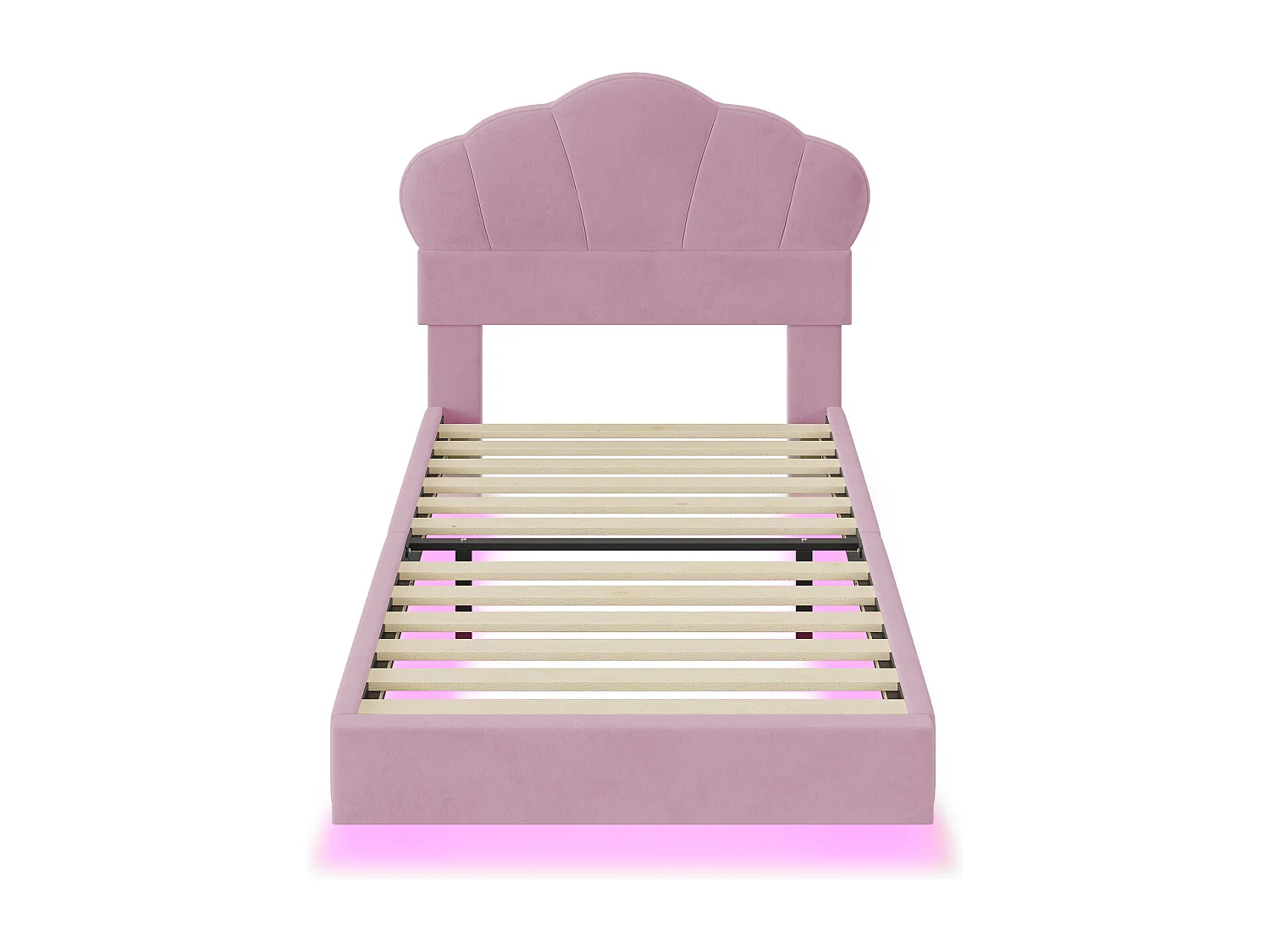 Lit simple 90x200cm, lit LED avec sommier à lattes et tête de lit en forme de nuage, pied de lit dissimulé, tissu velours rose