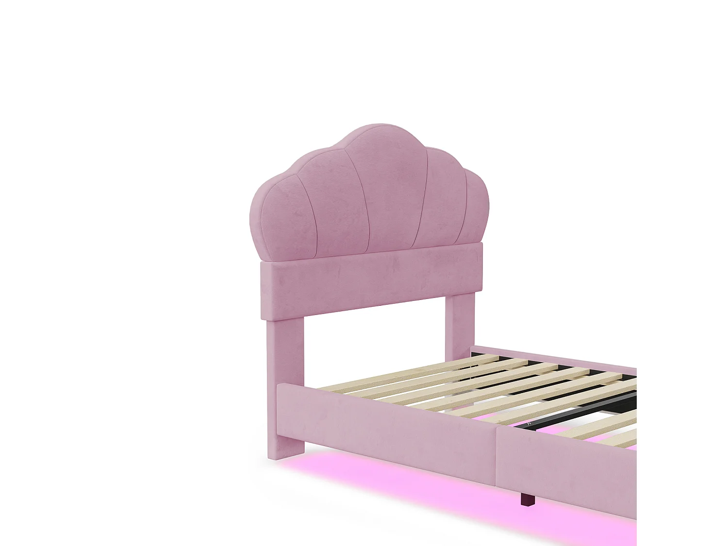 Lit simple 90x200cm, lit LED avec sommier à lattes et tête de lit en forme de nuage, pied de lit dissimulé, tissu velours rose