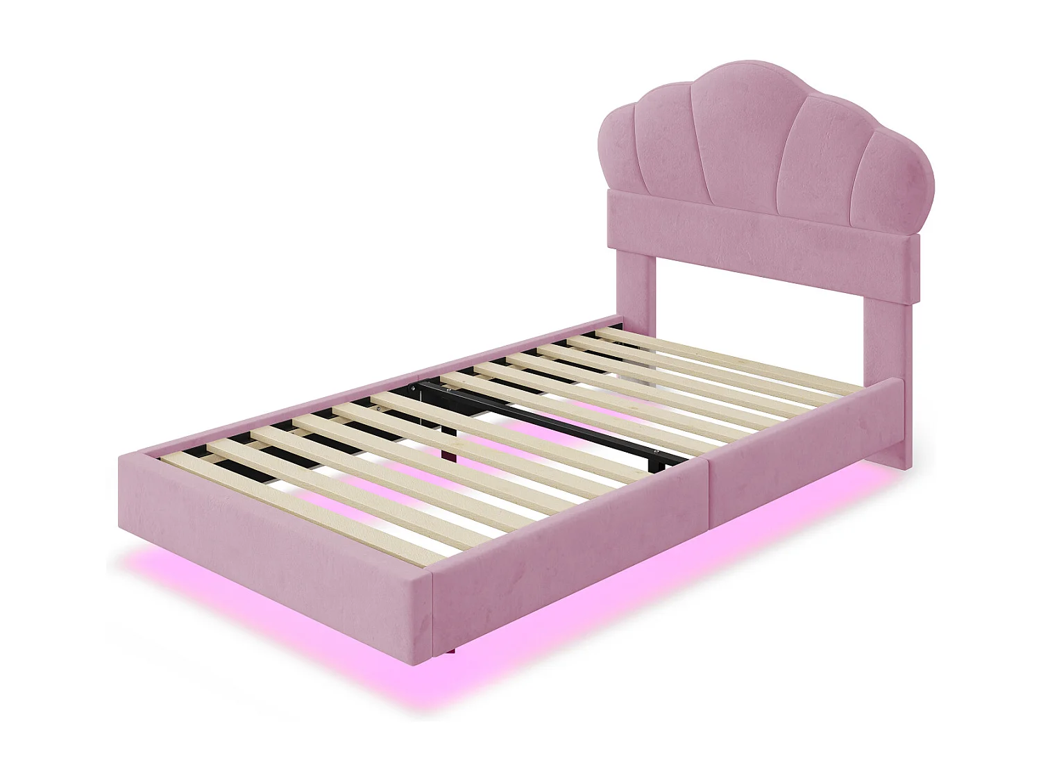 Lit simple 90x200cm, lit LED avec sommier à lattes et tête de lit en forme de nuage, pied de lit dissimulé, tissu velours rose