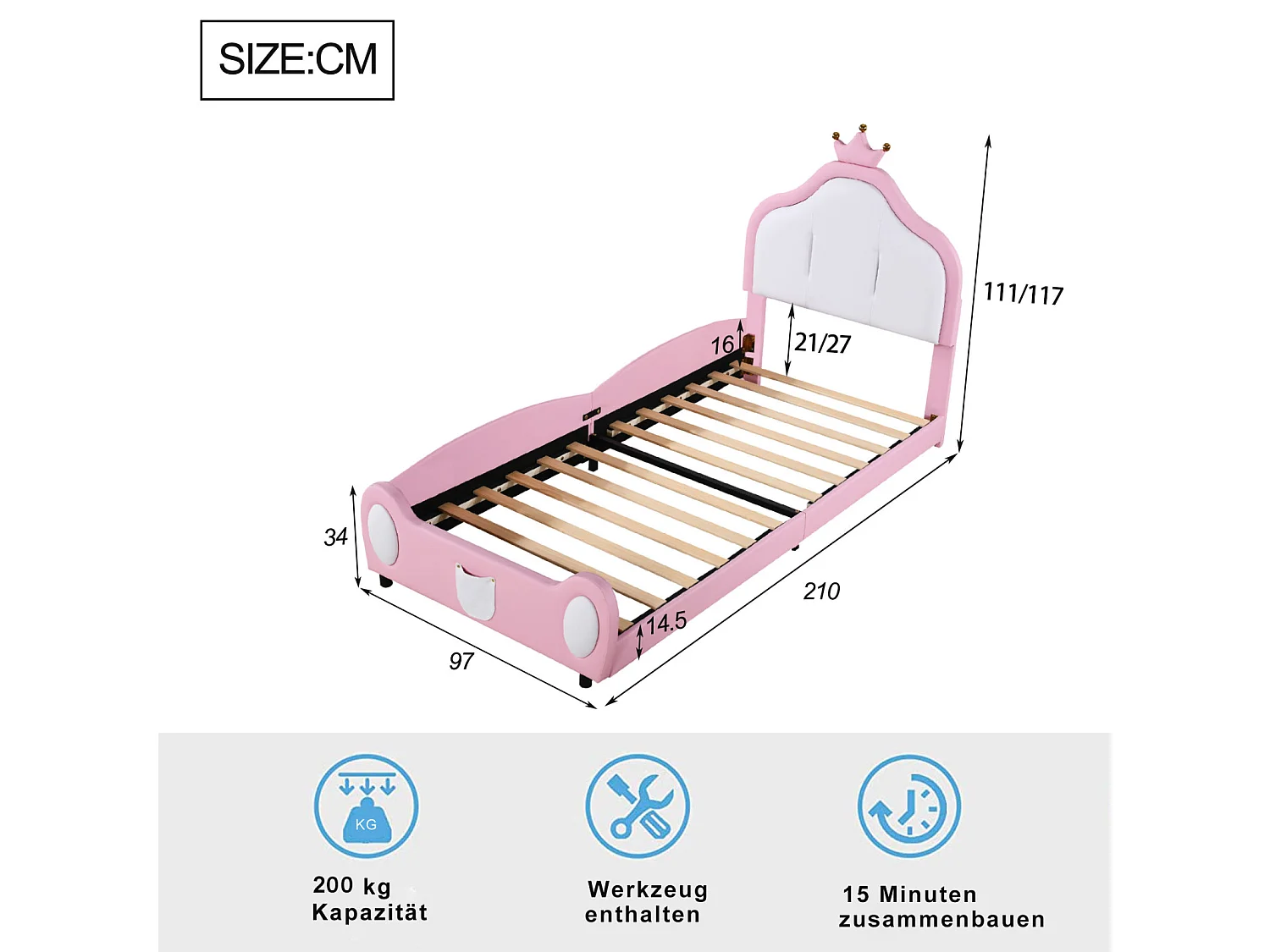 Lit simple 90x200cm, lit enfant avec sommier à lattes et tête de lit avec moulure couronnée, patchwork bicolore, tissu simili cuir, rose