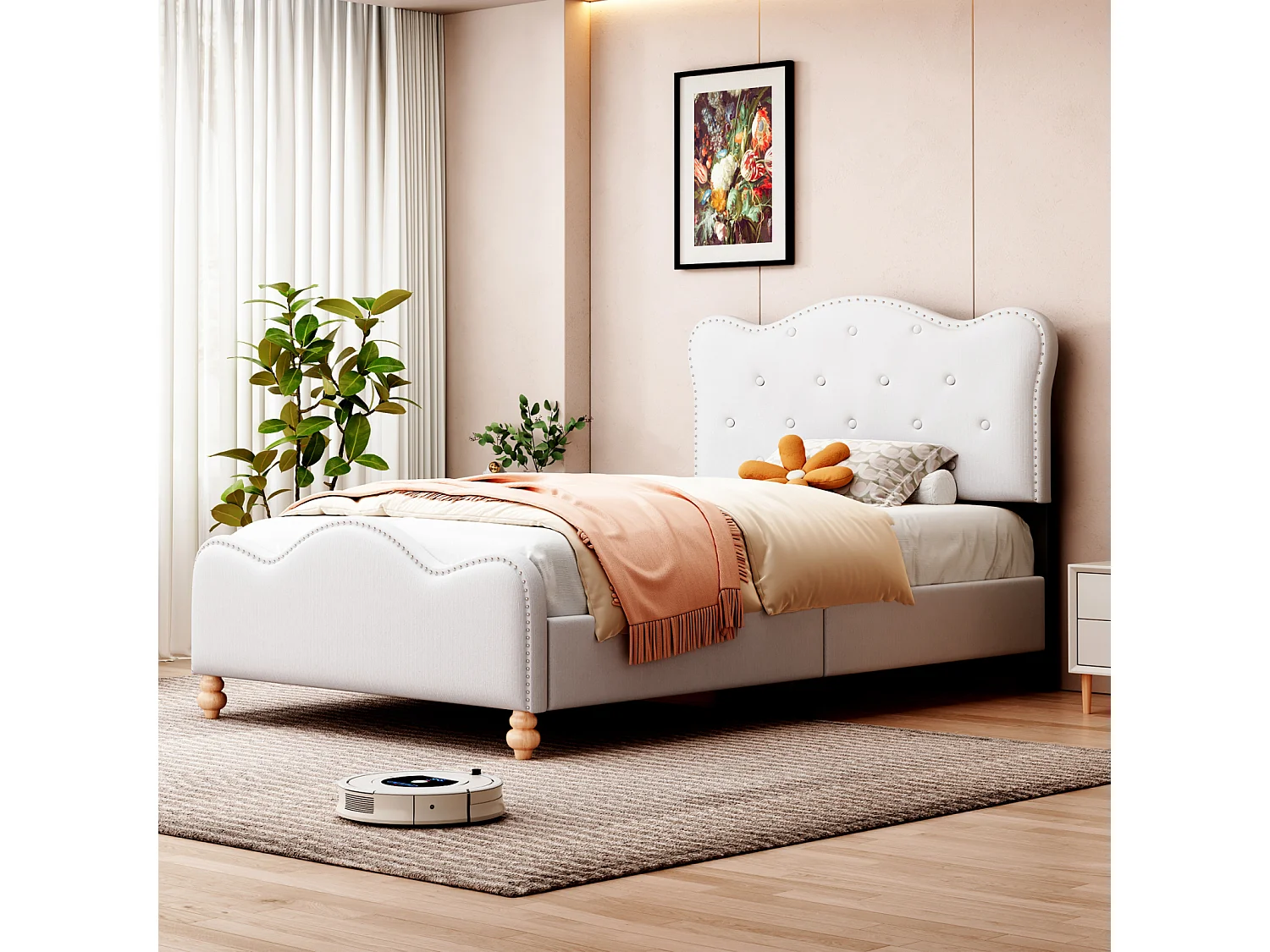 Gestoffeerd eenpersoonsbed kinderbed 90x200cm, linnen stoffen bedframe, met schattig hoofdbord, voeteneinde en witte lattenbodem