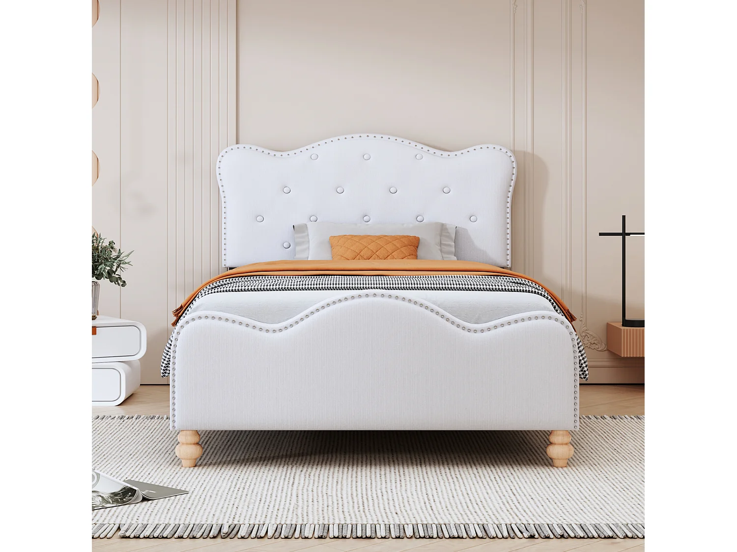 Gestoffeerd eenpersoonsbed kinderbed 90x200cm, linnen stoffen bedframe, met schattig hoofdbord, voeteneinde en witte lattenbodem