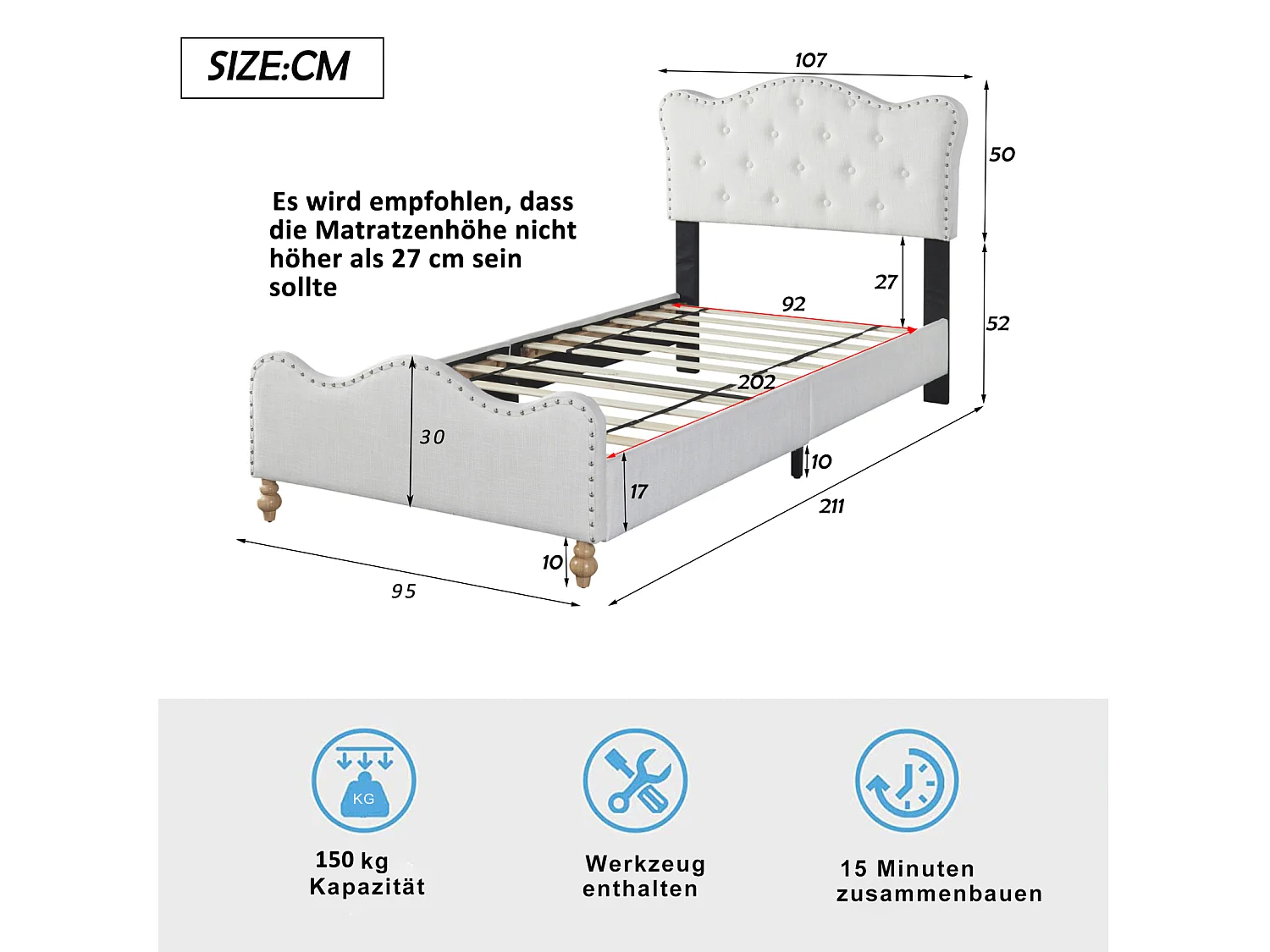 Gestoffeerd eenpersoonsbed kinderbed 90x200cm, linnen stoffen bedframe, met schattig hoofdbord, voeteneinde en witte lattenbodem