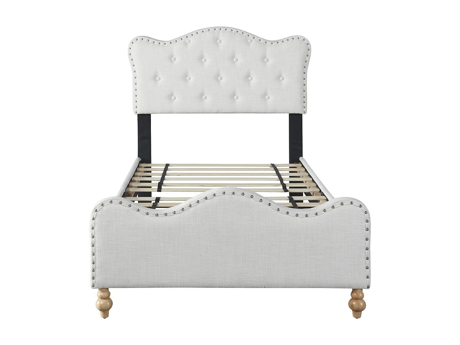 Gestoffeerd eenpersoonsbed kinderbed 90x200cm, linnen stoffen bedframe, met schattig hoofdbord, voeteneinde en witte lattenbodem