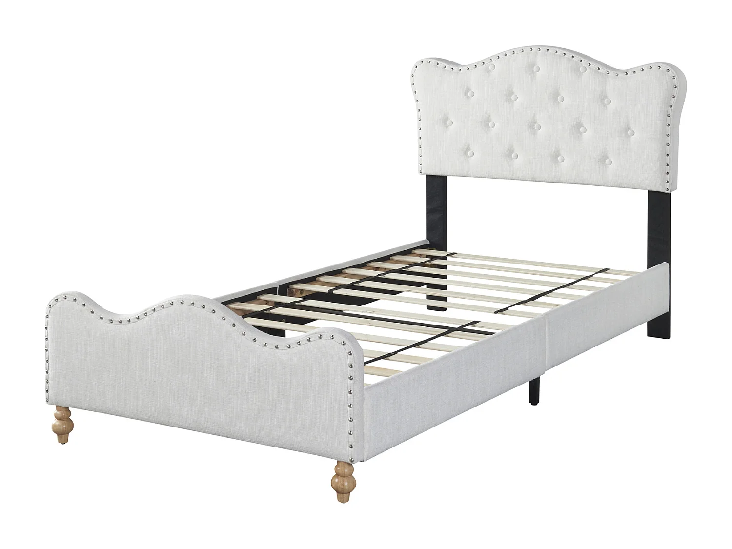 Gestoffeerd eenpersoonsbed kinderbed 90x200cm, linnen stoffen bedframe, met schattig hoofdbord, voeteneinde en witte lattenbodem