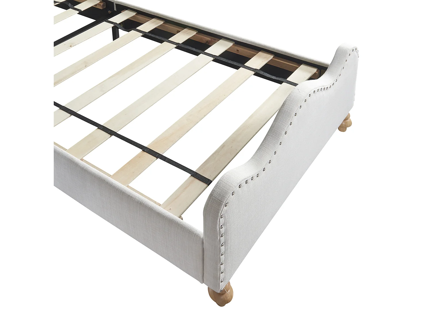 Gestoffeerd eenpersoonsbed kinderbed 90x200cm, linnen stoffen bedframe, met schattig hoofdbord, voeteneinde en witte lattenbodem