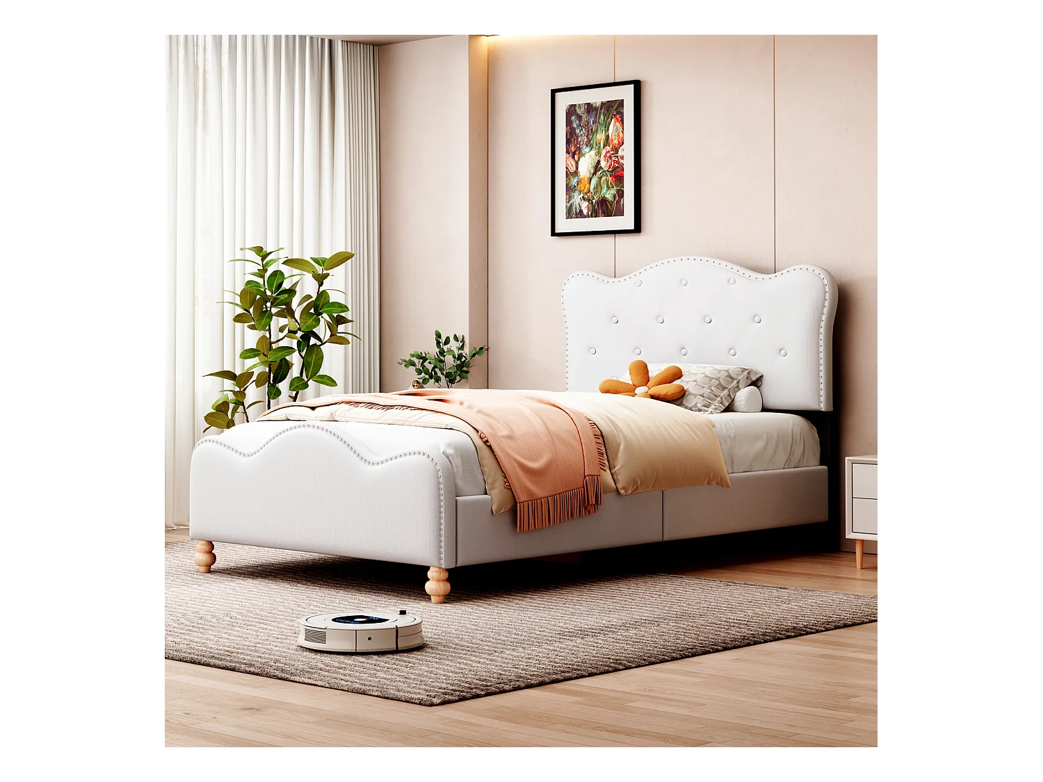 Lit simple d'enfant rembourré 90x200cm, cadre de lit en tissu lin, avec tête de lit mignon, pied de lit et sommier à lattes blanc